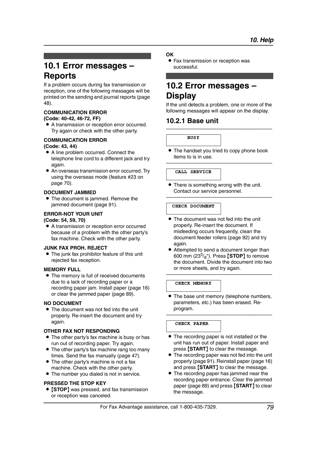 Panasonic KX-FPG378, KX-FPG379 manual Error messages Reports, Error messages Display 