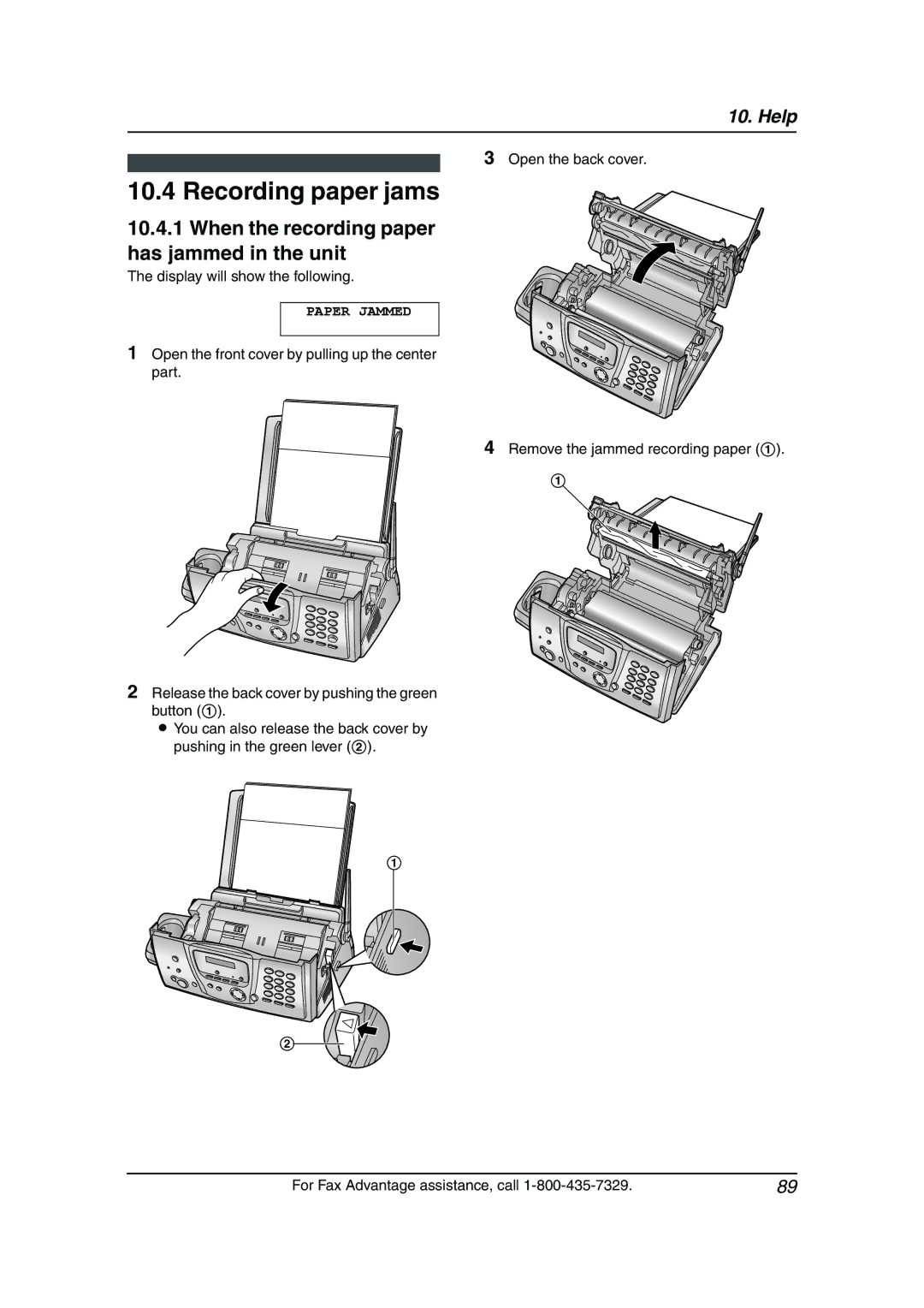 Panasonic KX-FPG378 Recording paper jams, When the recording paper has jammed in the unit, Display will show the following 