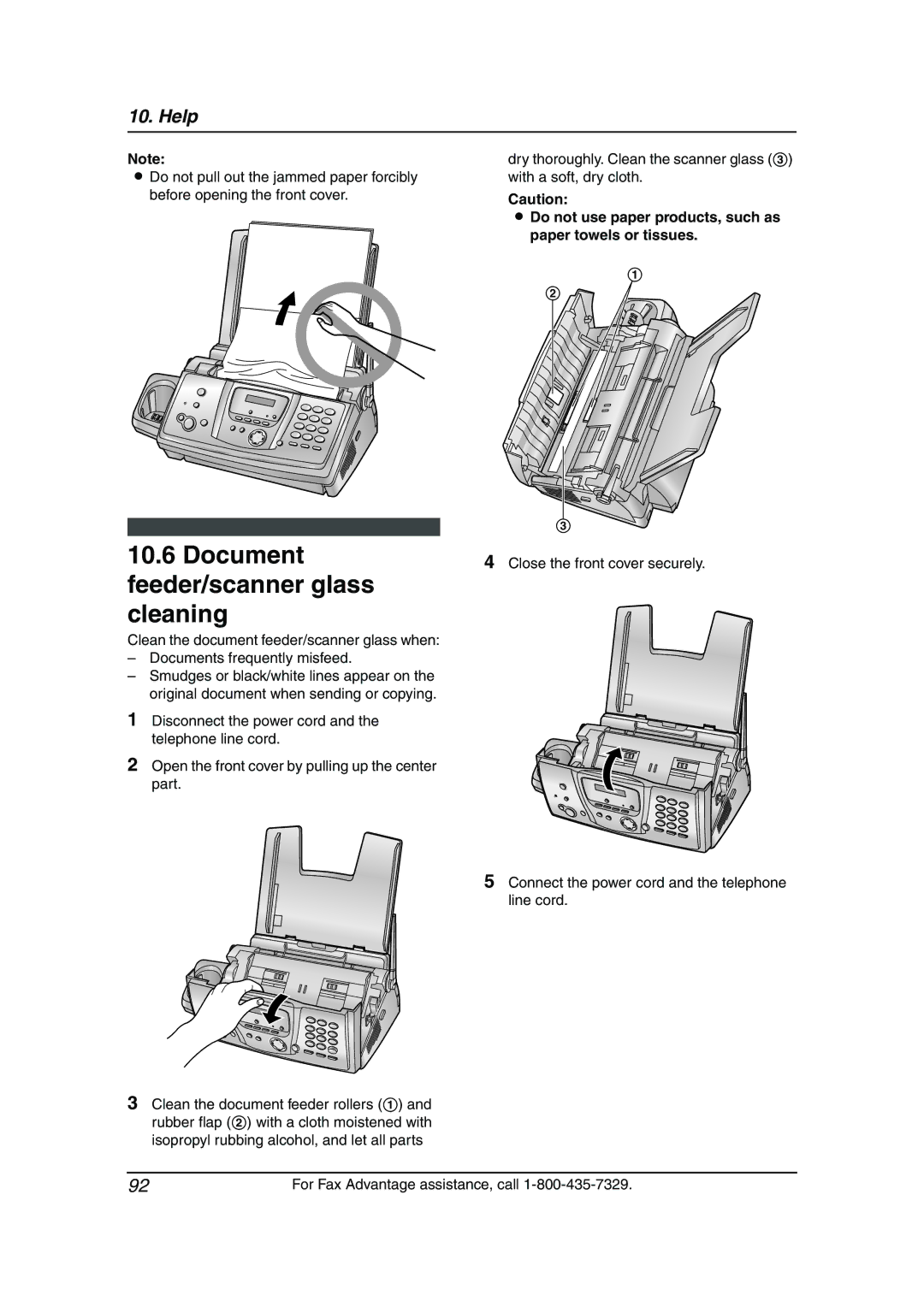 Panasonic KX-FPG379 Document feeder/scanner glass cleaning, Do not use paper products, such as paper towels or tissues 