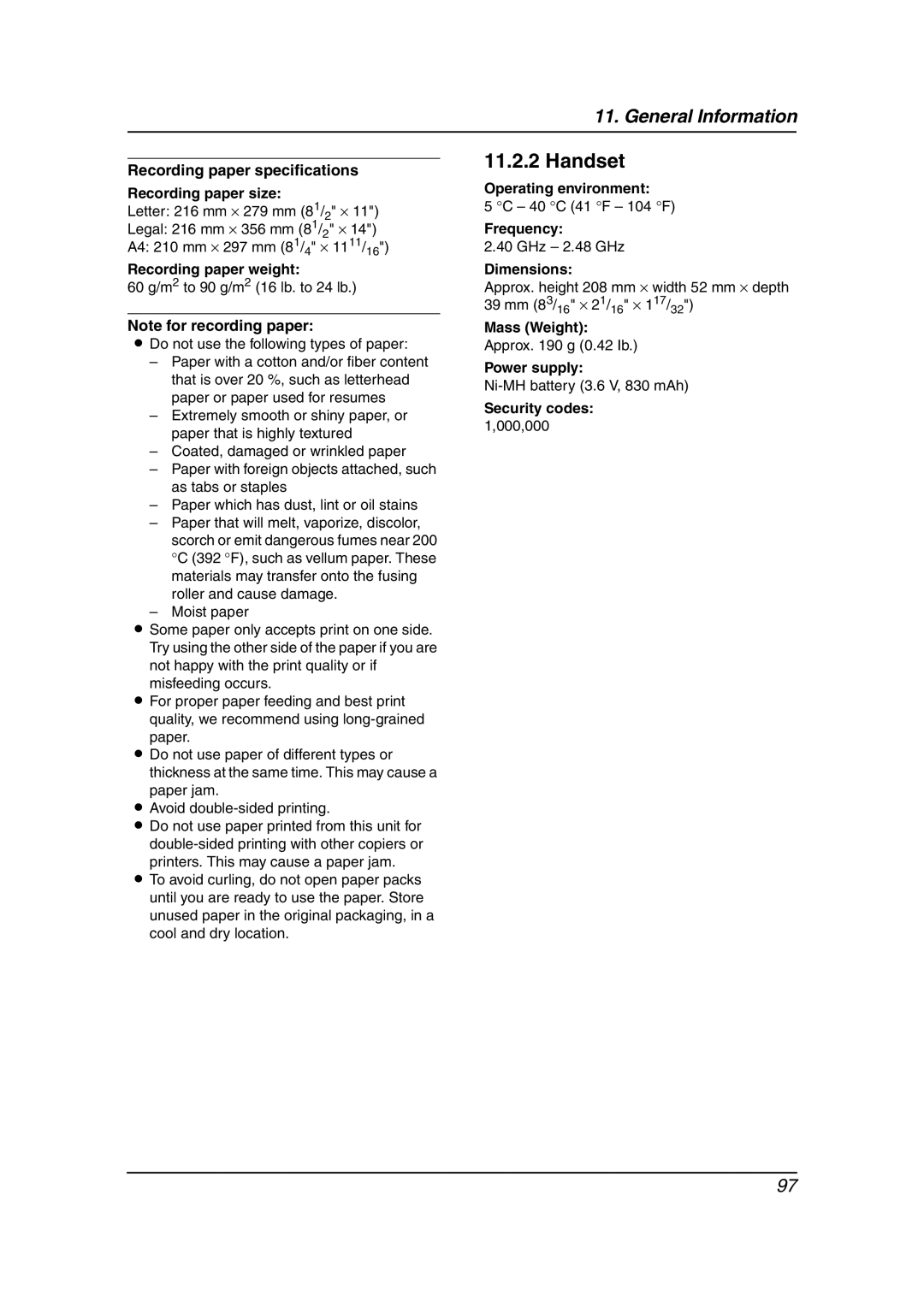 Panasonic KX-FPG378 Recording paper specifications Recording paper size, Recording paper weight, Frequency, Security codes 