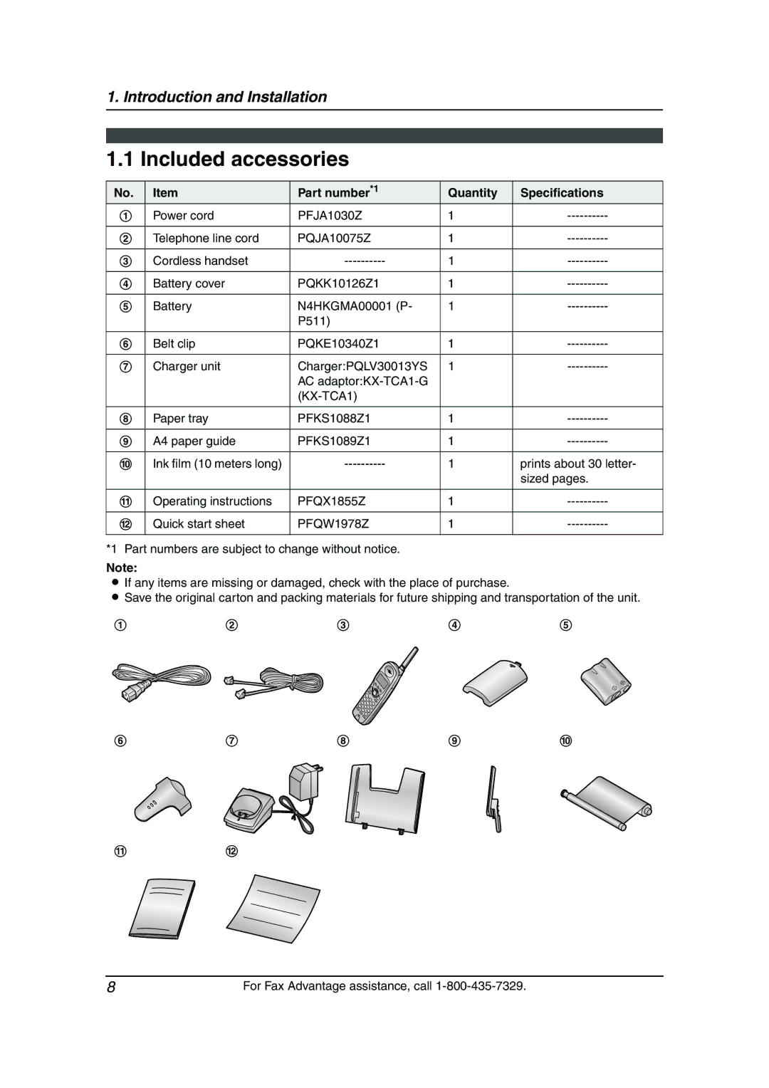 Panasonic KX-FPG381 Included accessories, Part number*1 Quantity Specifications, Power cord, Quick start sheet 