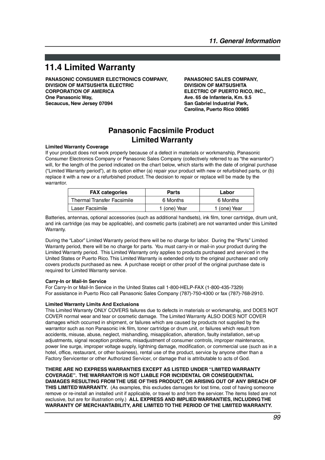 Panasonic KX-FPG381 Limited Warranty, FAX categories Parts Labor, Thermal Transfer Facsimile, Laser Facsimile 