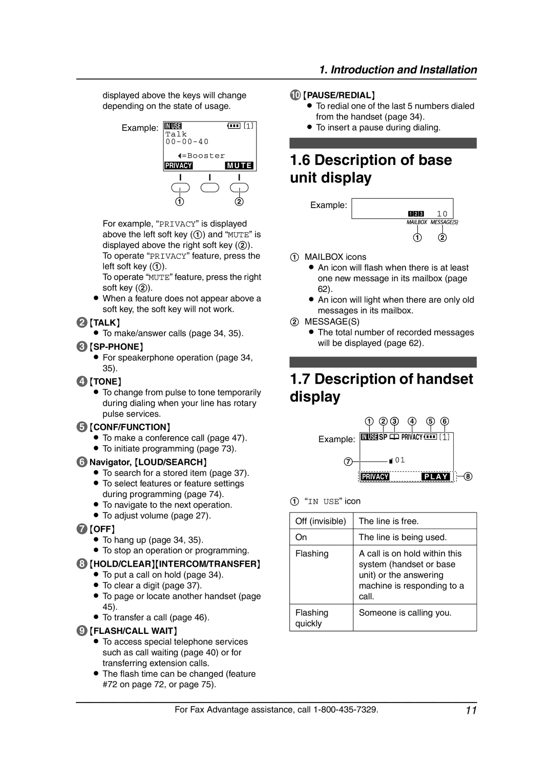 Panasonic KX-FPG381 operating instructions Description of base unit display, Description of handset display 