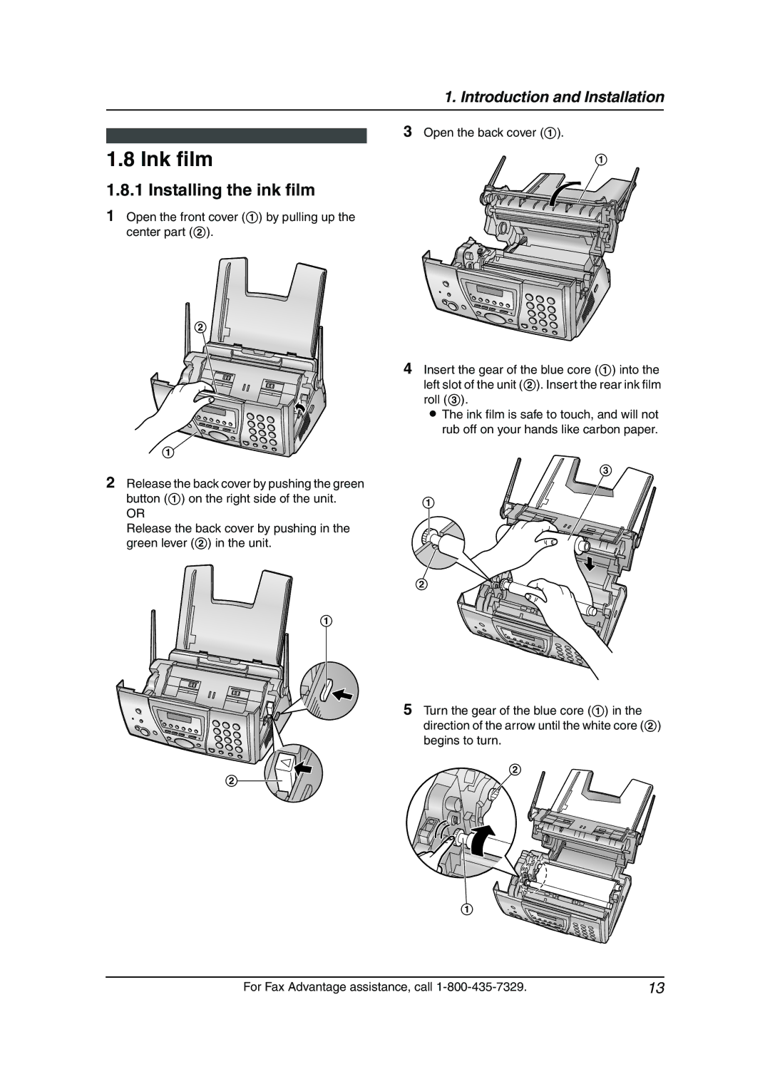 Panasonic KX-FPG381 Ink film, Installing the ink film, Open the front cover 1 by pulling up the center part 