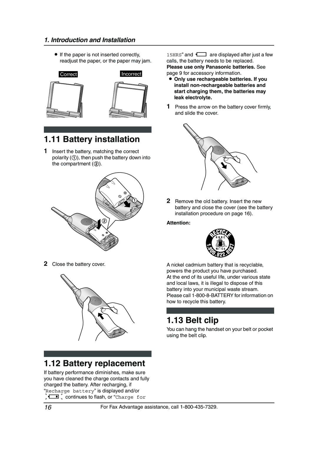 Panasonic KX-FPG381 operating instructions Battery installation, Battery replacement, Belt clip 