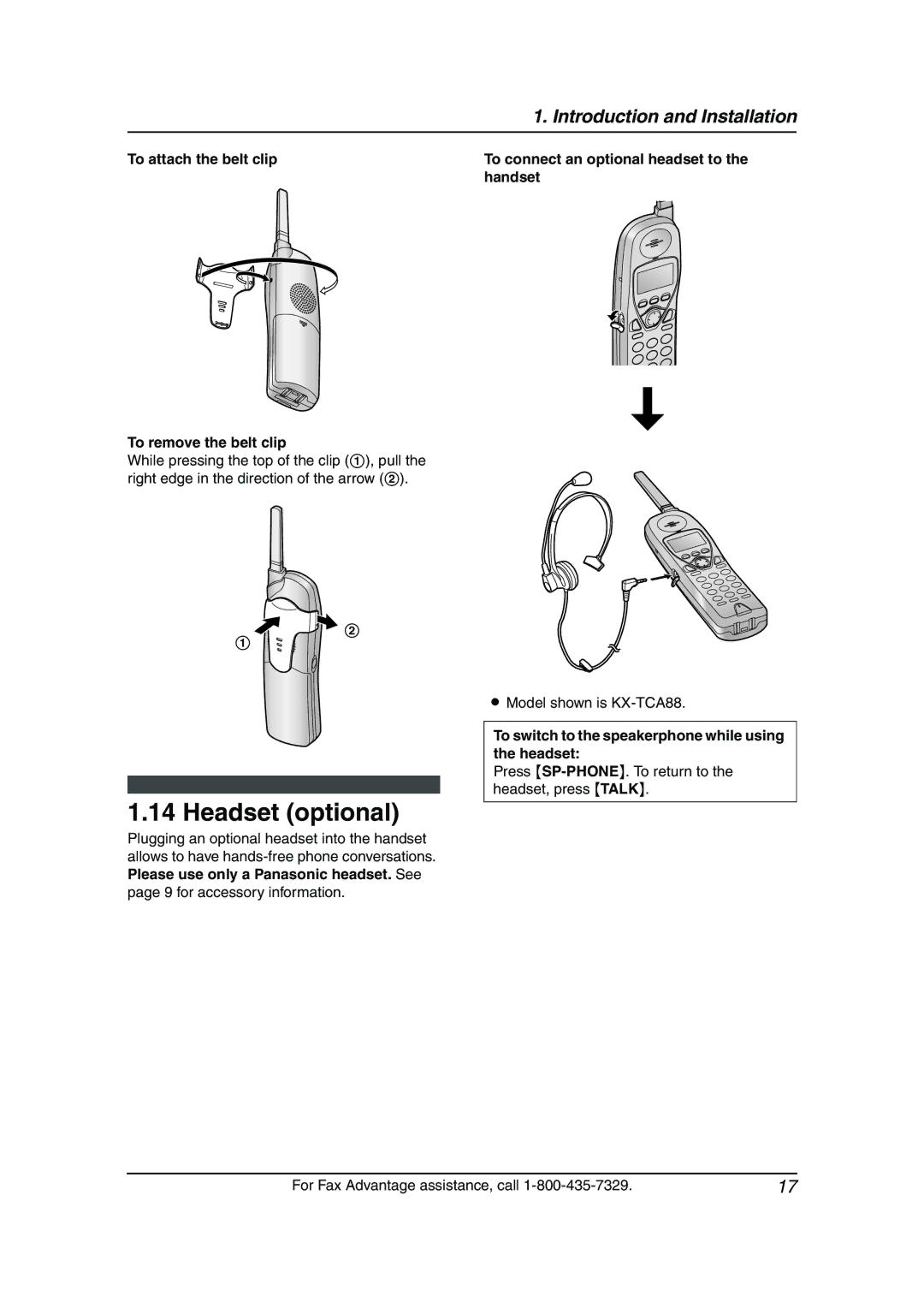 Panasonic KX-FPG381 Headset optional, To attach the belt clip To remove the belt clip, Model shown is KX-TCA88 