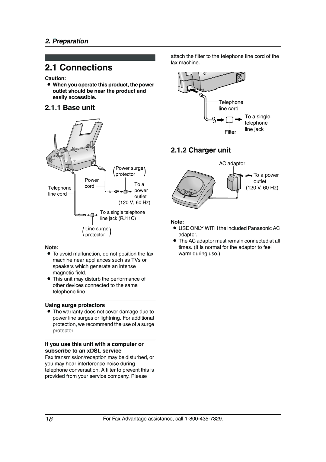 Panasonic KX-FPG381 Connections, Charger unit, To a single telephone line jack, Using surge protectors 