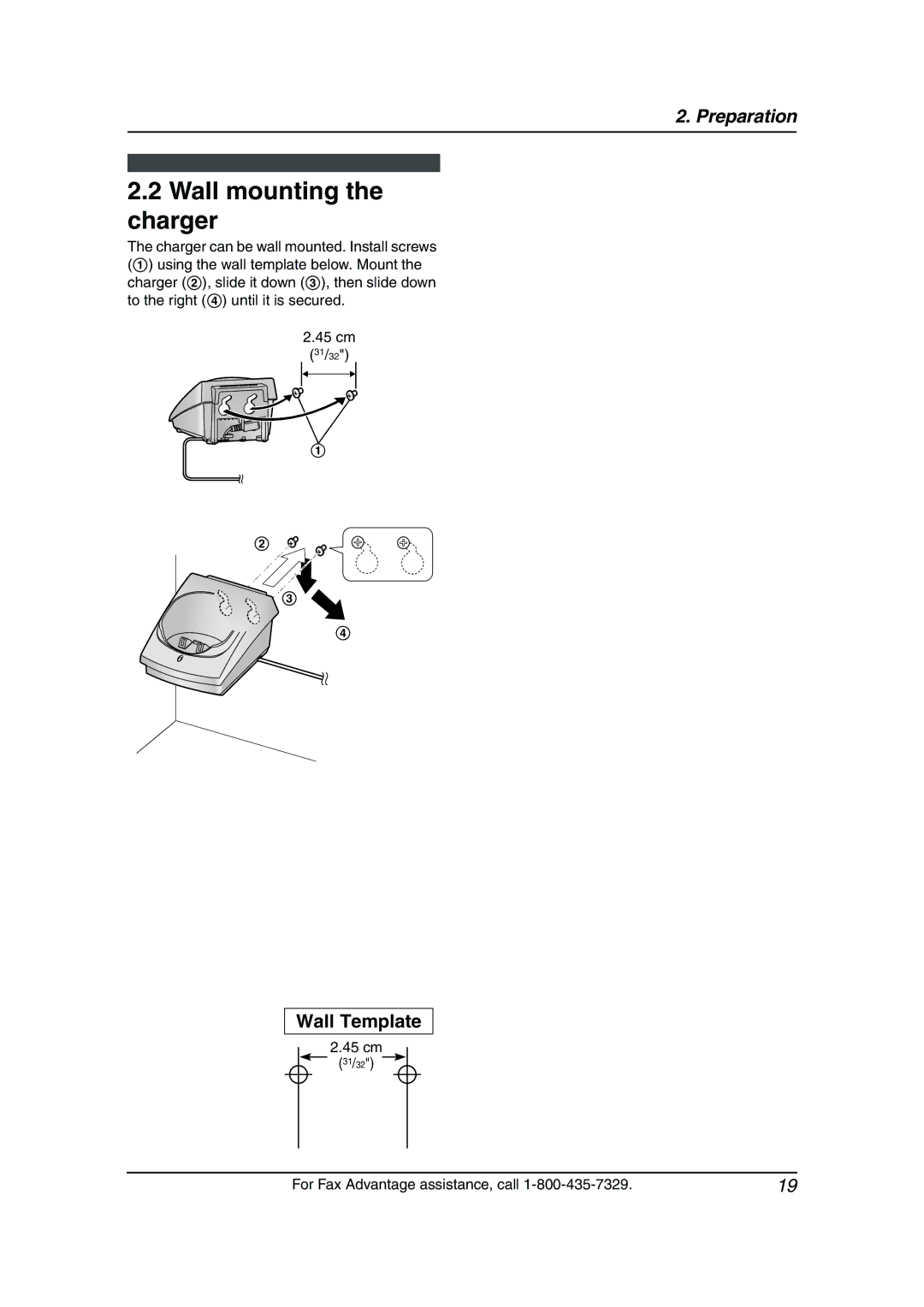 Panasonic KX-FPG381 operating instructions Wall mounting the charger, 45 cm 31/32 For Fax Advantage assistance, call 