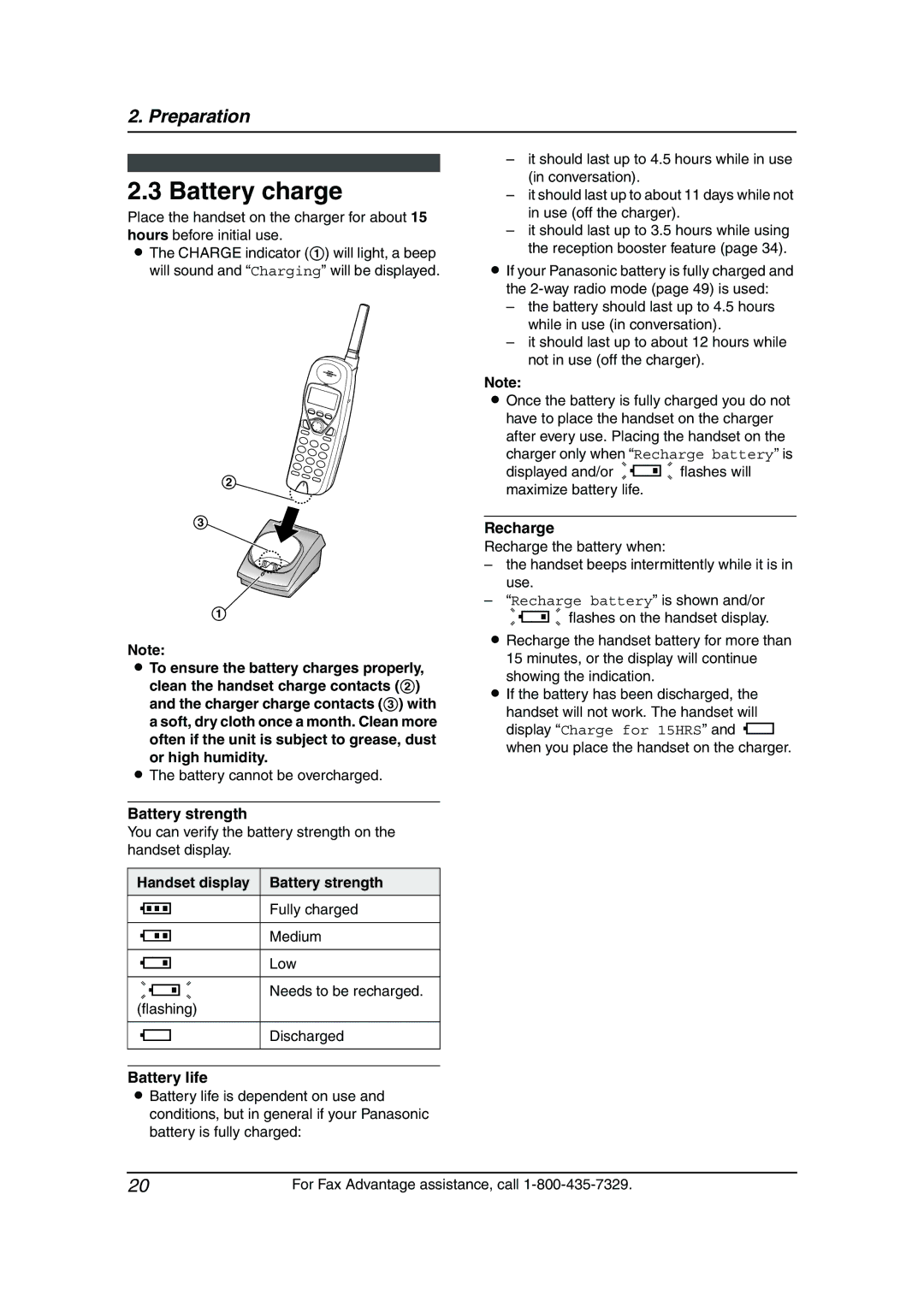 Panasonic KX-FPG381 operating instructions Battery charge, Handset display Battery strength, Battery life, Recharge 