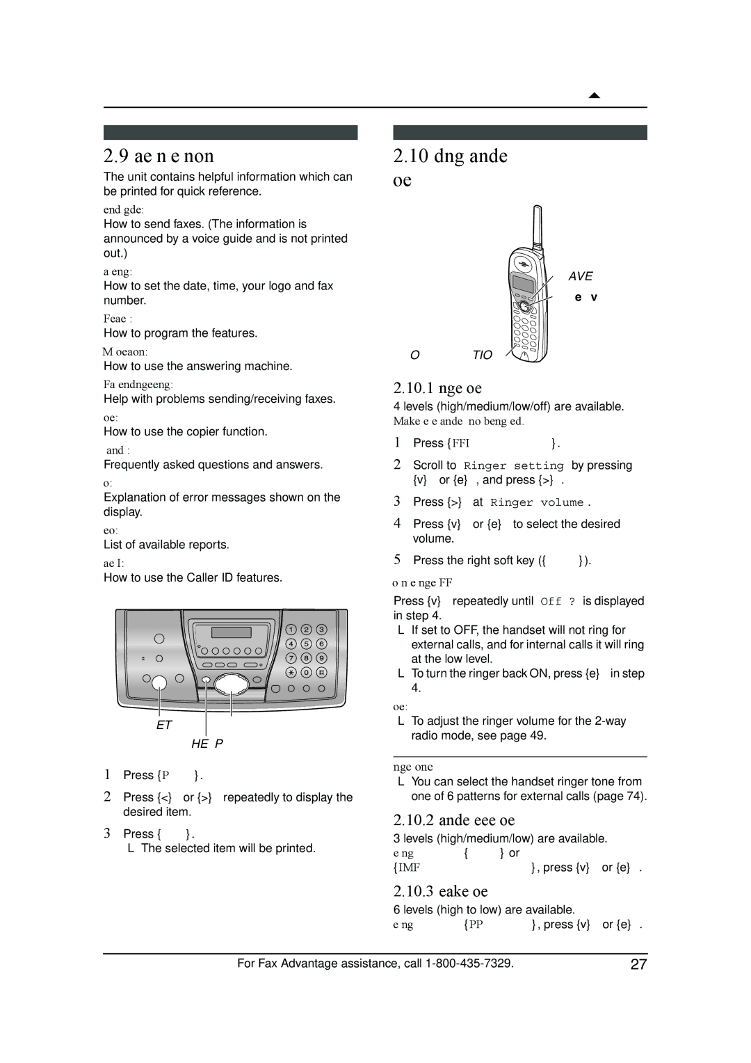 Panasonic KX-FPG381 Base unit help function, Adjusting handset volume, Ringer volume, Handset receiver volume 