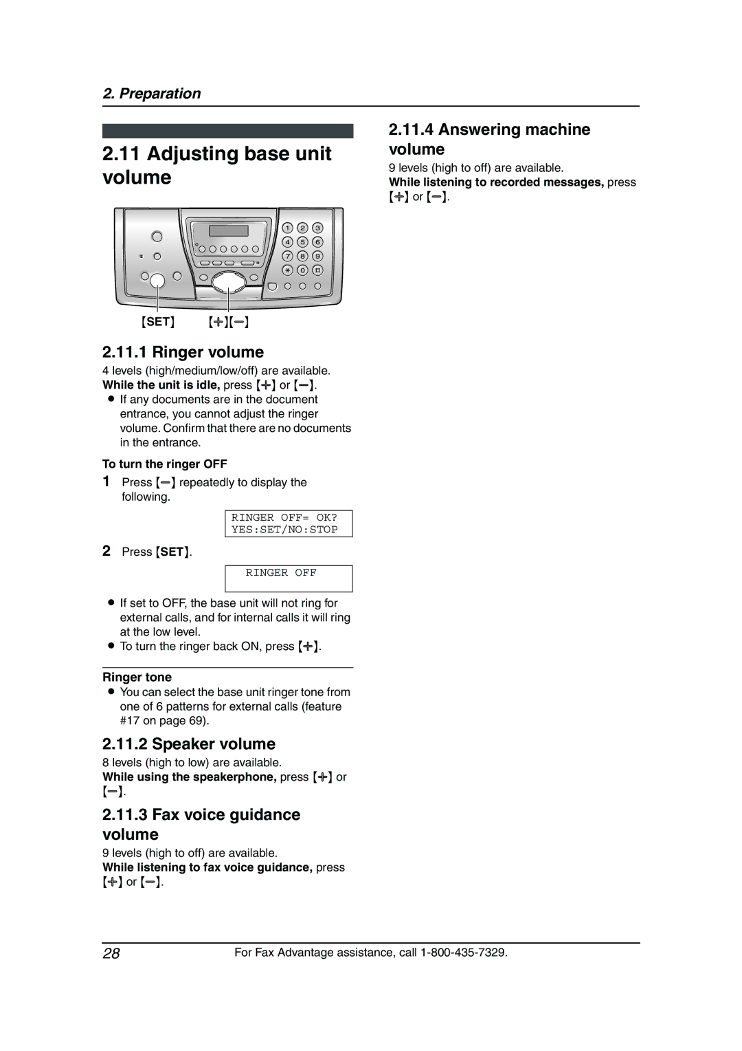 Panasonic KX-FPG381 operating instructions Adjusting base unit volume, Fax voice guidance volume, Answering machine volume 