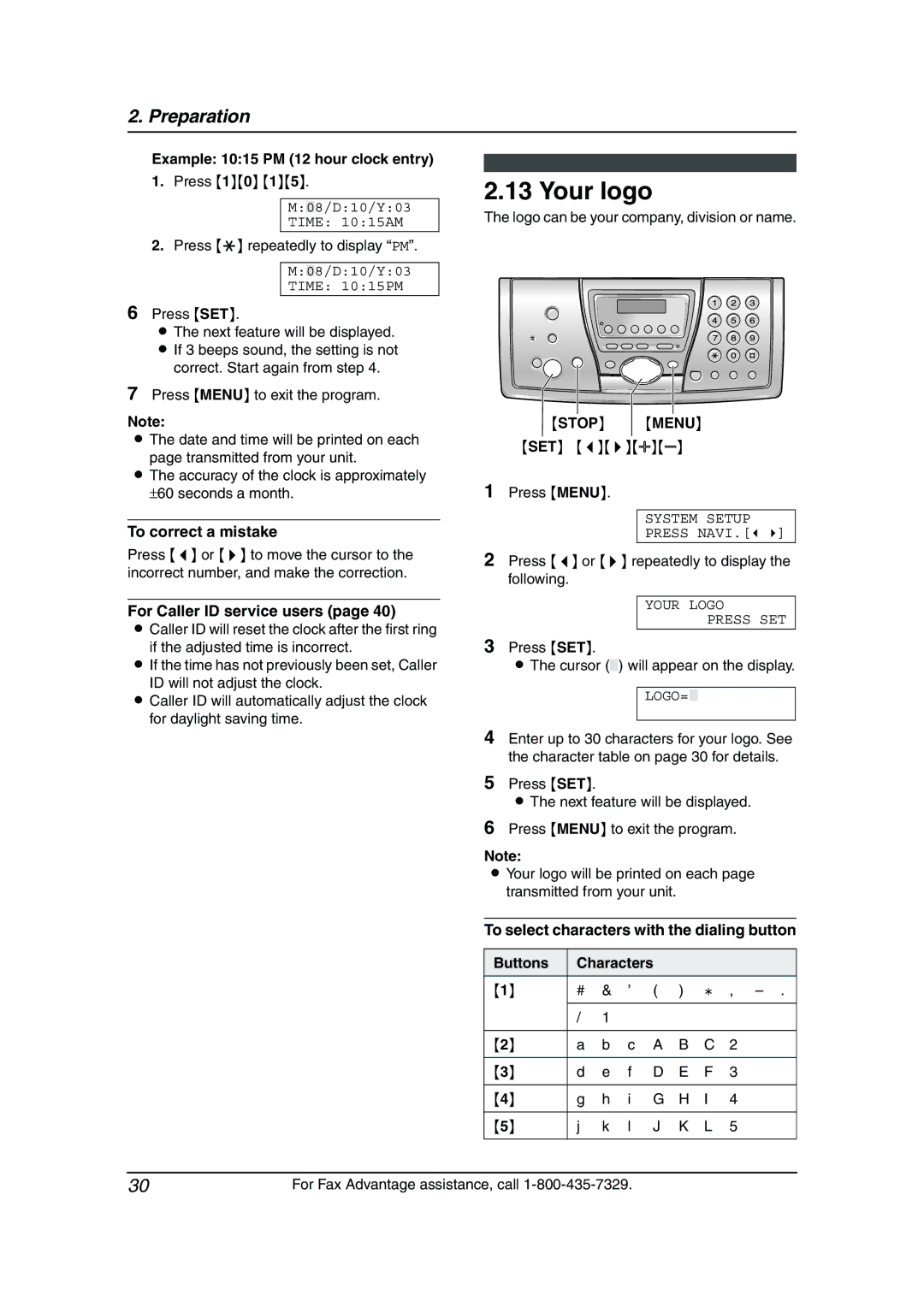 Panasonic KX-FPG381 Your logo, Example 1015 PM 12 hour clock entry, To correct a mistake, For Caller ID service users 