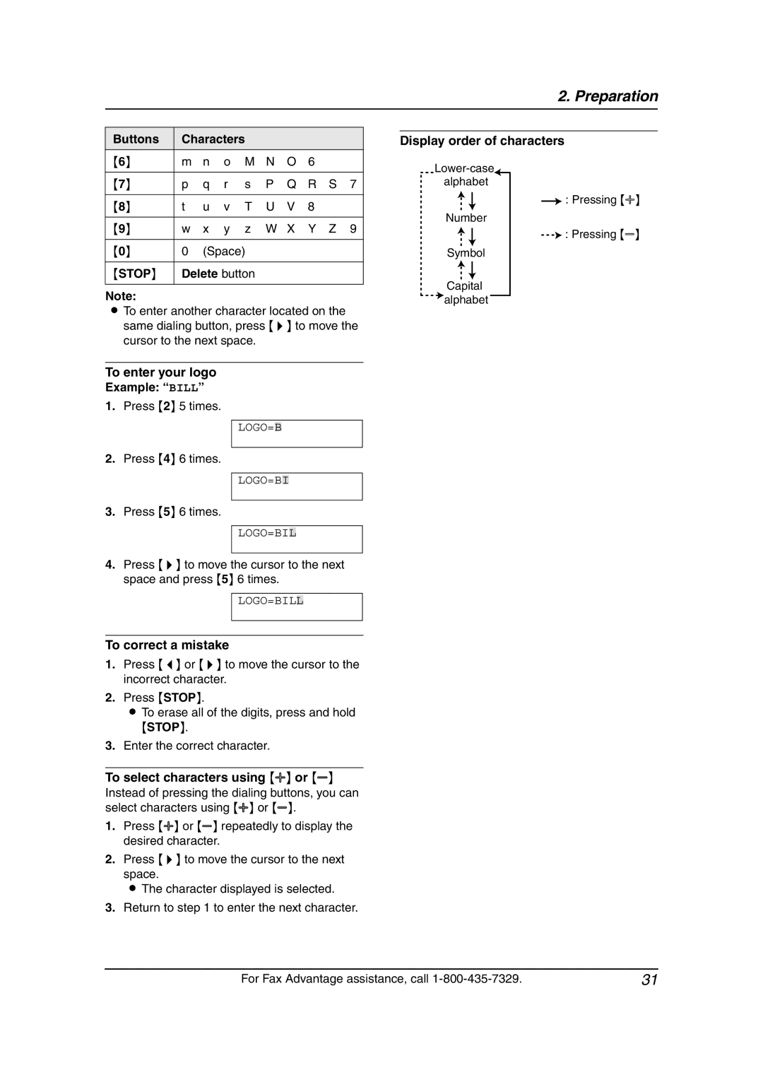 Panasonic KX-FPG381 Buttons Characters O M N O Display order of characters, Delete button, To enter your logo Example Bill 