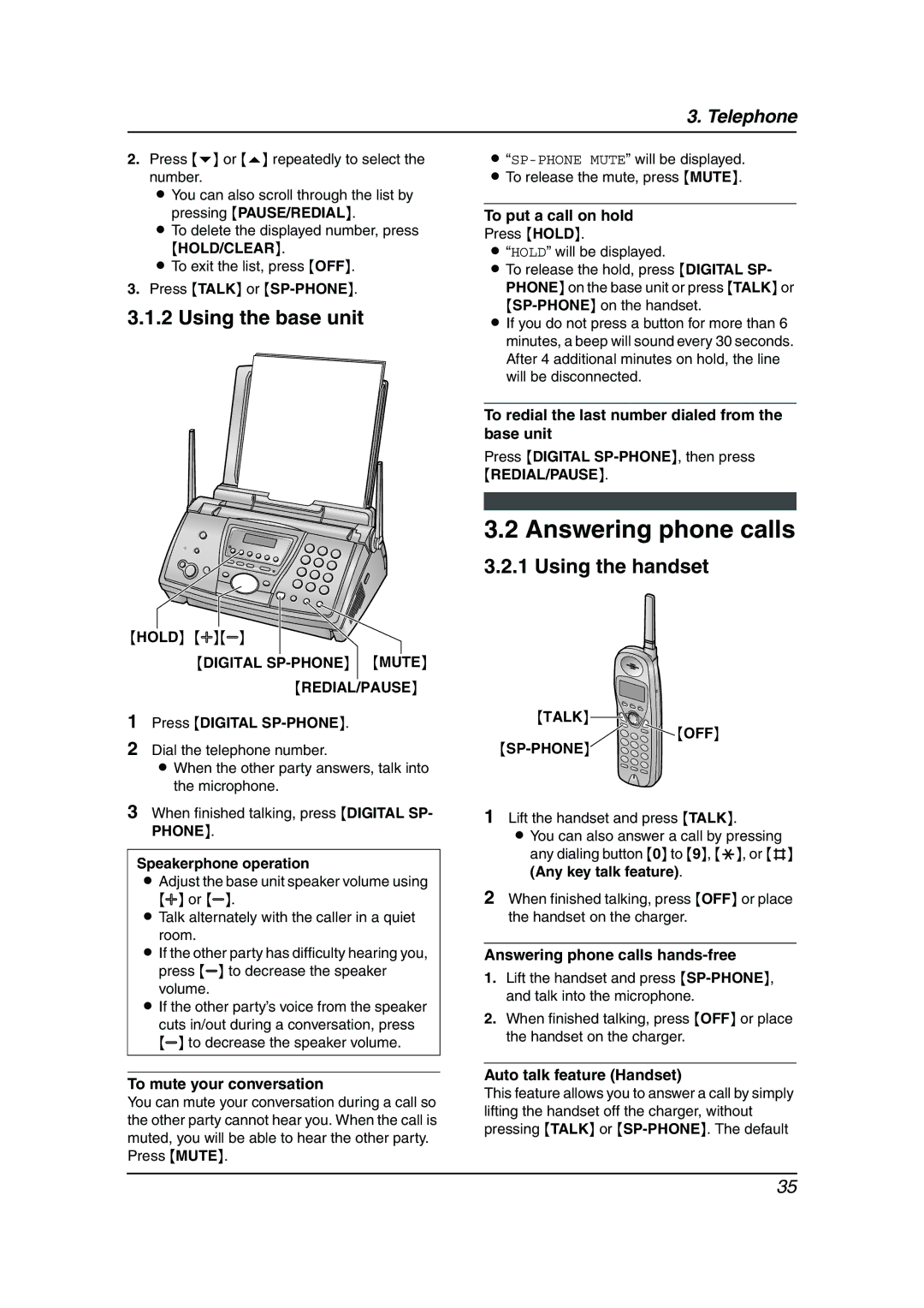 Panasonic KX-FPG381 Answering phone calls, Hold/Clear, Digital SP-PHONE Mute REDIAL/PAUSE, Off Sp-Phone 