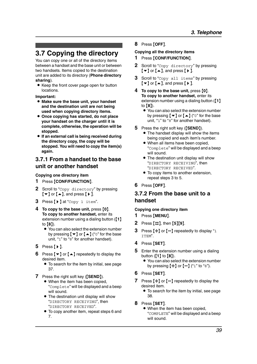 Panasonic KX-FPG381 operating instructions Copying the directory, From a handset to the base unit or another handset 