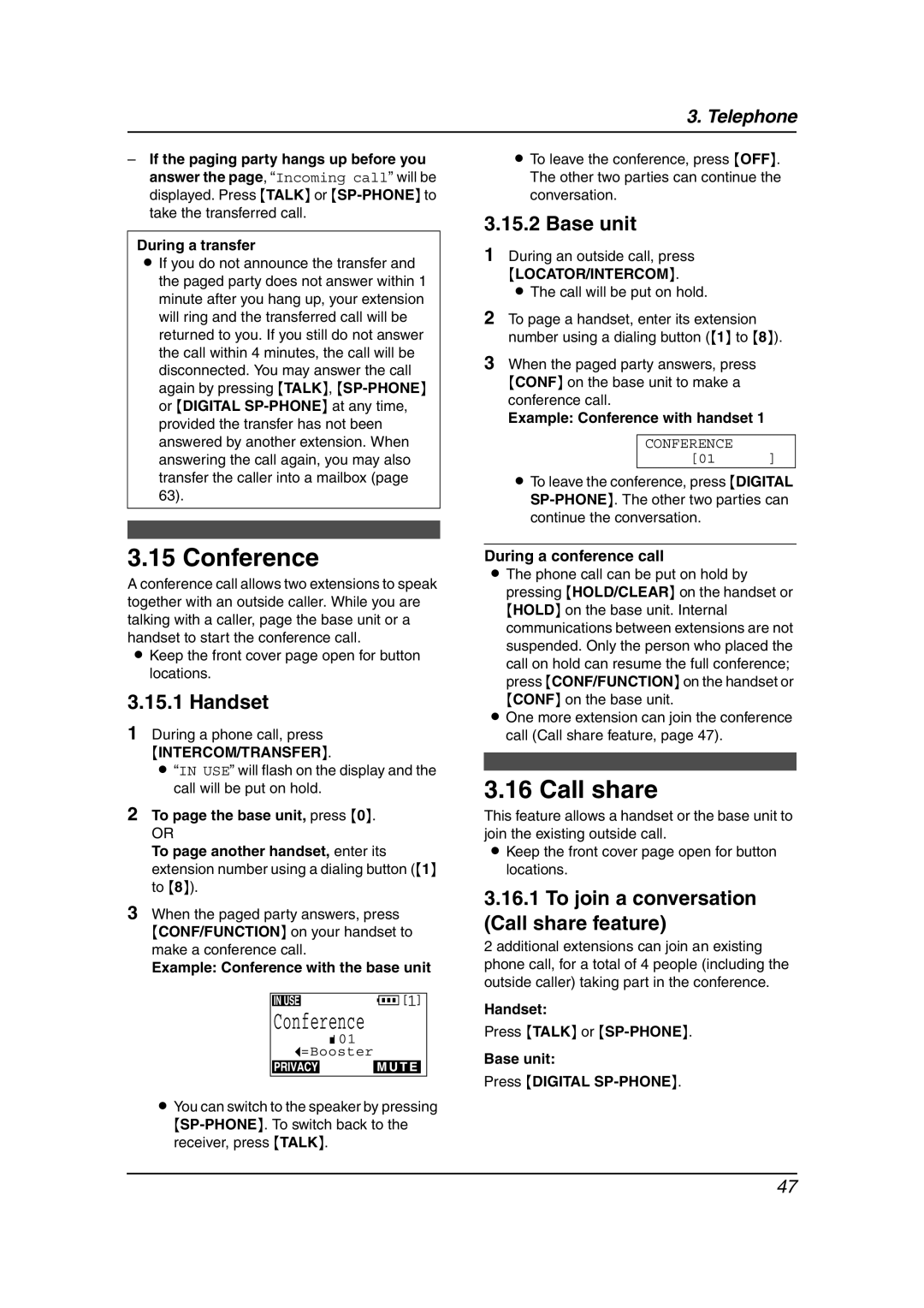 Panasonic KX-FPG381 operating instructions Conference, To join a conversation Call share feature, Locator/Intercom 