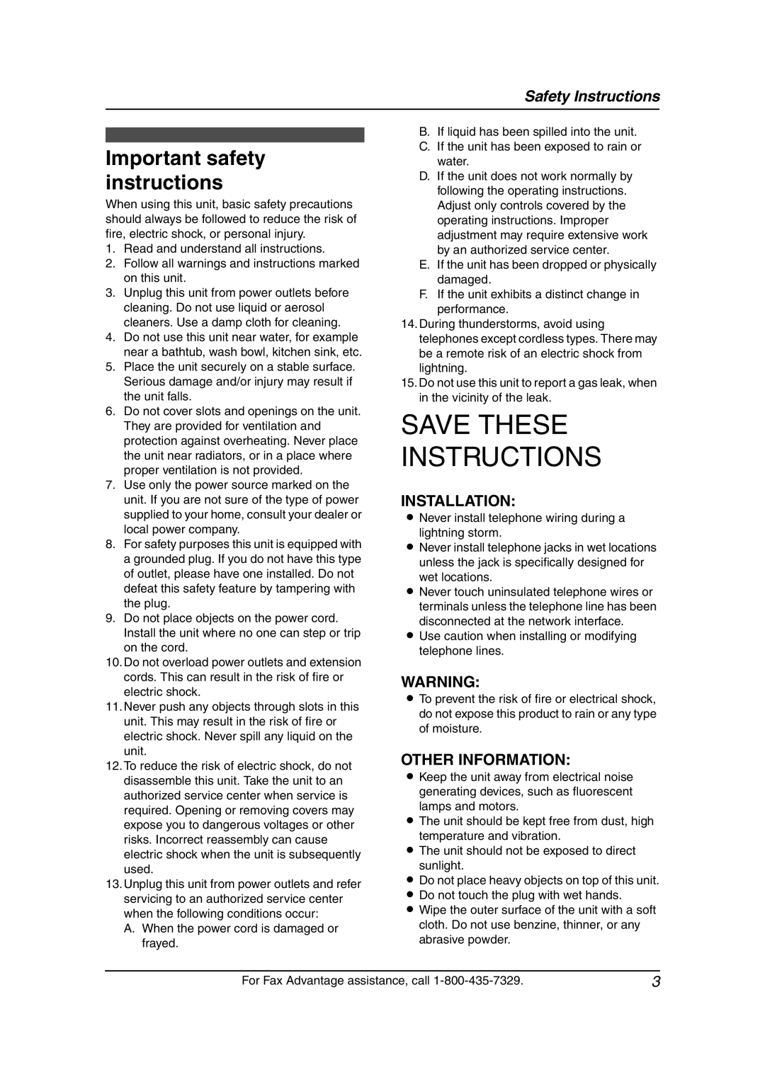 Panasonic KX-FPG381 Important safety instructions, Never install telephone wiring during a lightning storm 