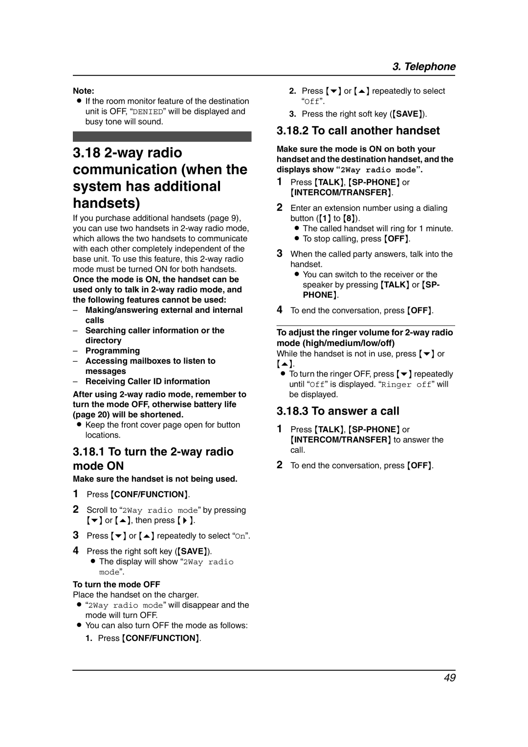 Panasonic KX-FPG381 To turn the 2-way radio mode on, To call another handset, To answer a call, To turn the mode OFF 