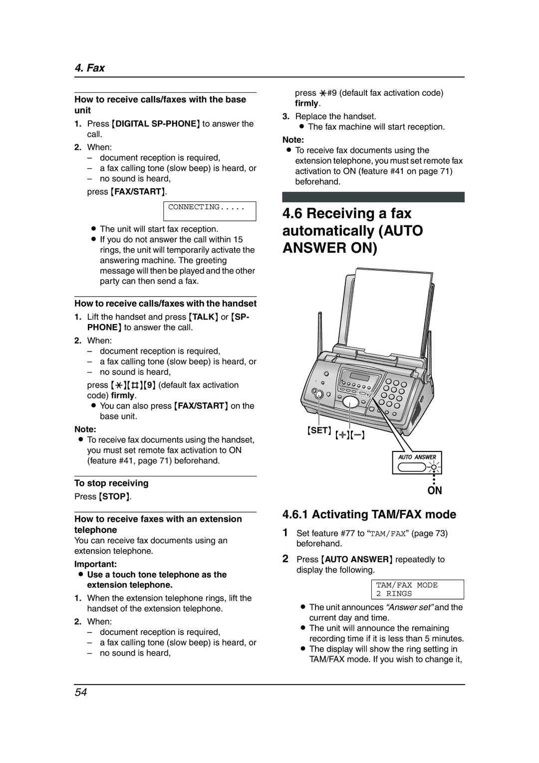 Panasonic KX-FPG381 operating instructions Receiving a fax automatically Auto, Activating TAM/FAX mode 