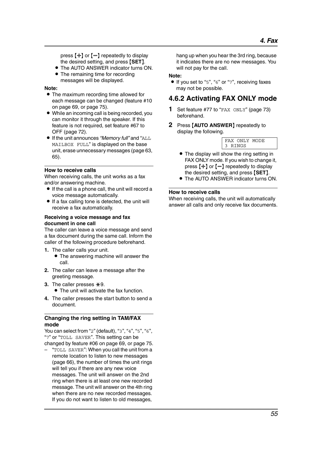 Panasonic KX-FPG381 Activating FAX only mode, How to receive calls, Receiving a voice message and fax document in one call 