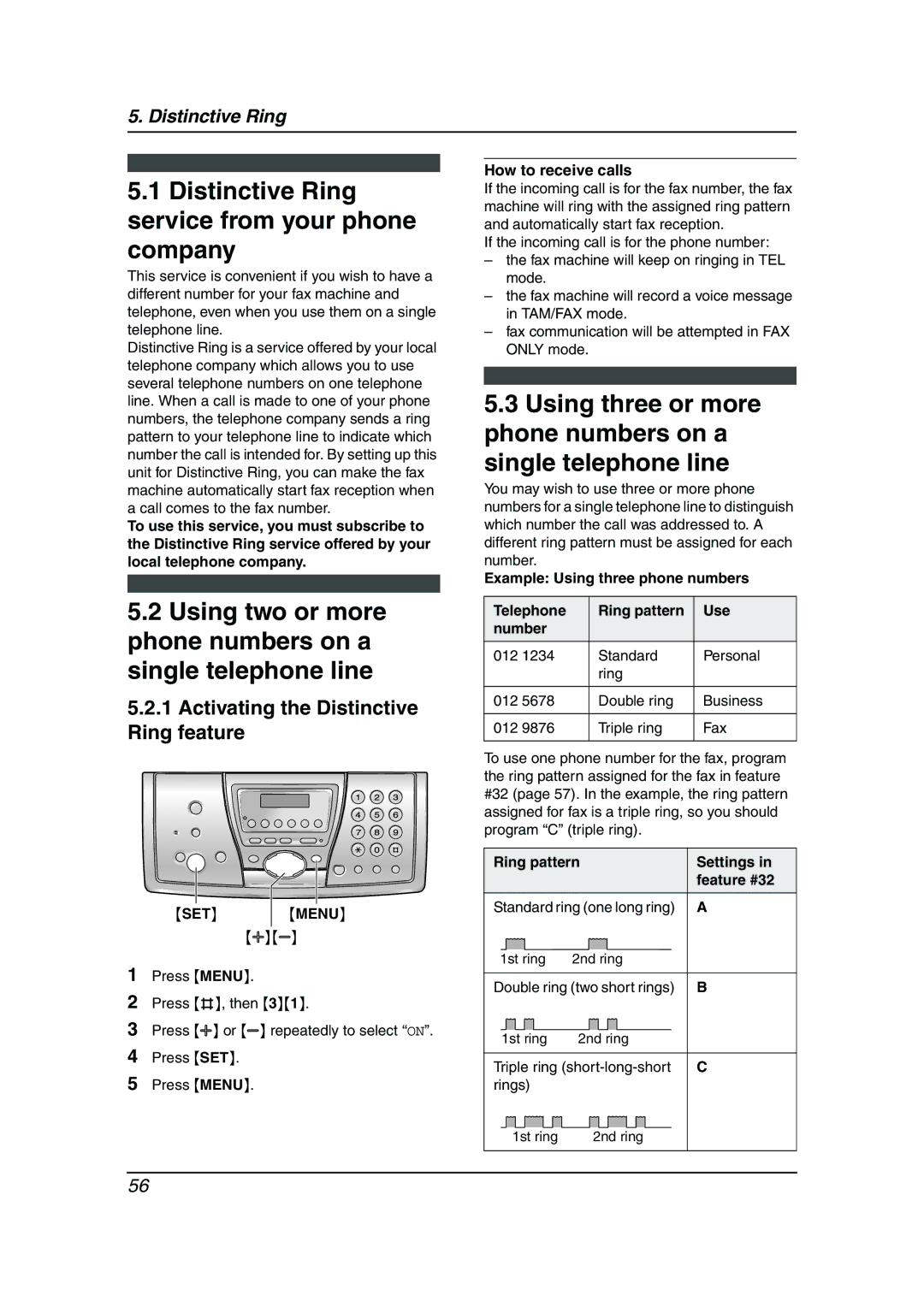 Panasonic KX-FPG381 Distinctive Ring service from your phone company, Activating the Distinctive Ring feature 