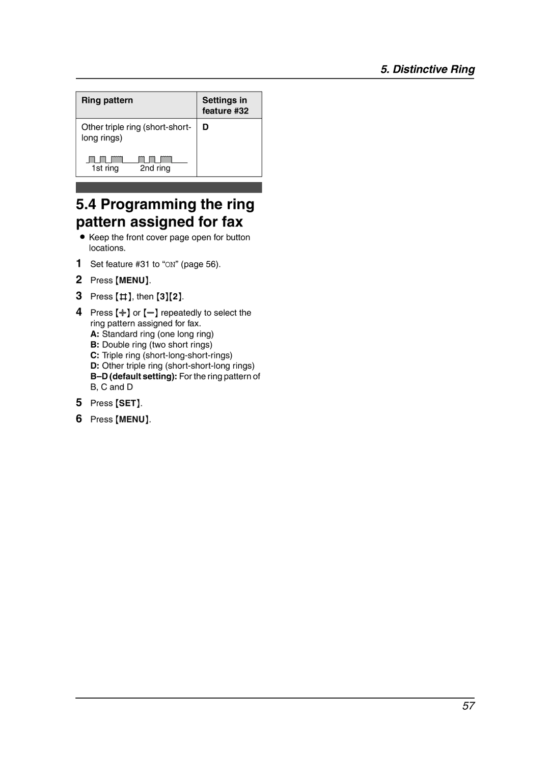 Panasonic KX-FPG381 Programming the ring pattern assigned for fax, Other triple ring short-short Long rings 