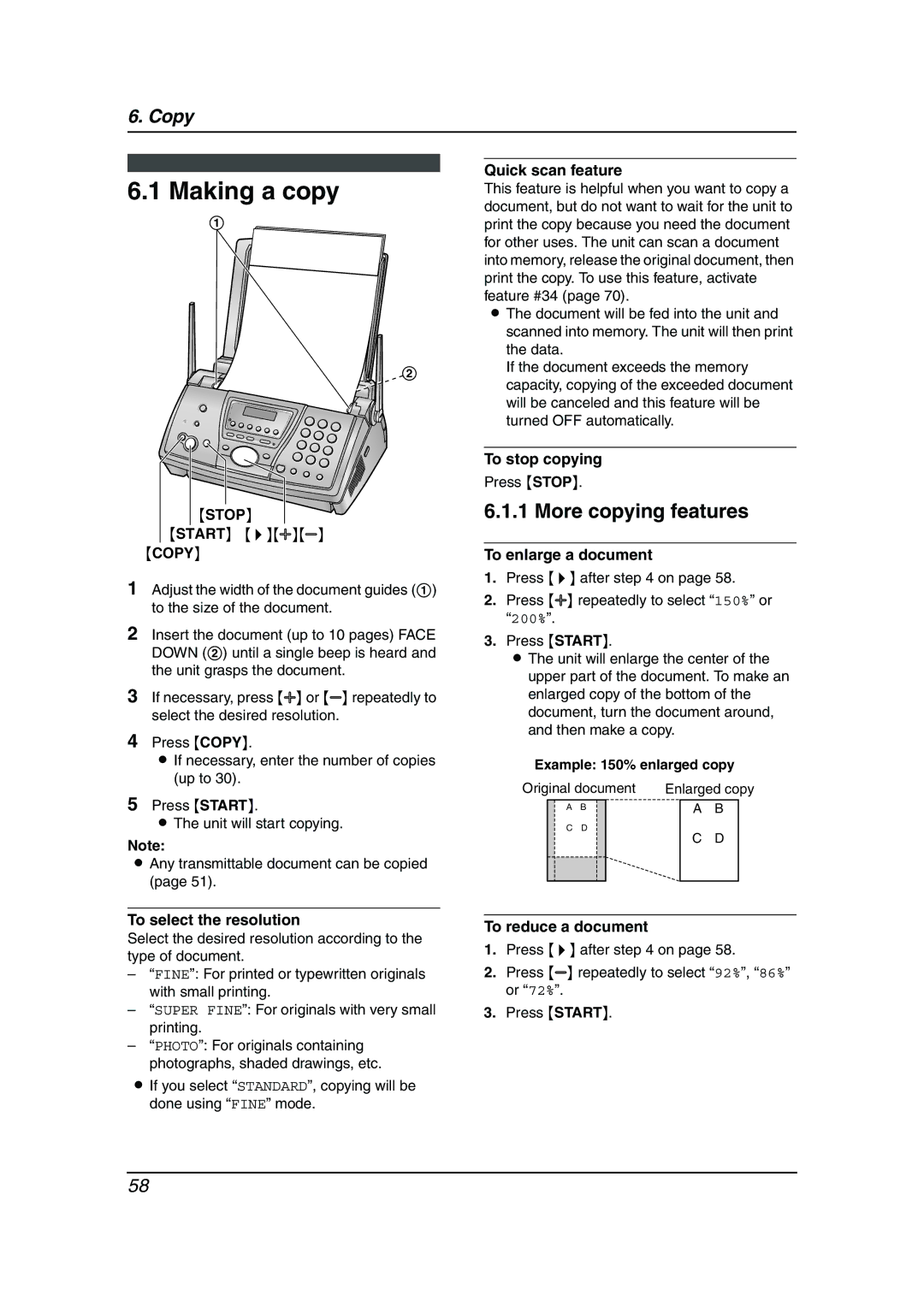 Panasonic KX-FPG381 operating instructions Making a copy, More copying features 