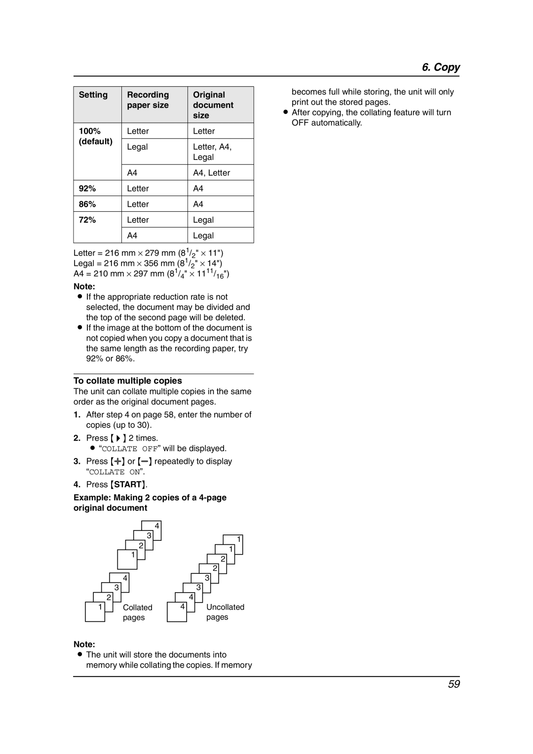 Panasonic KX-FPG381 operating instructions Setting Recording Original Paper size Document Size 100%, Default, 92%, 86%, 72% 