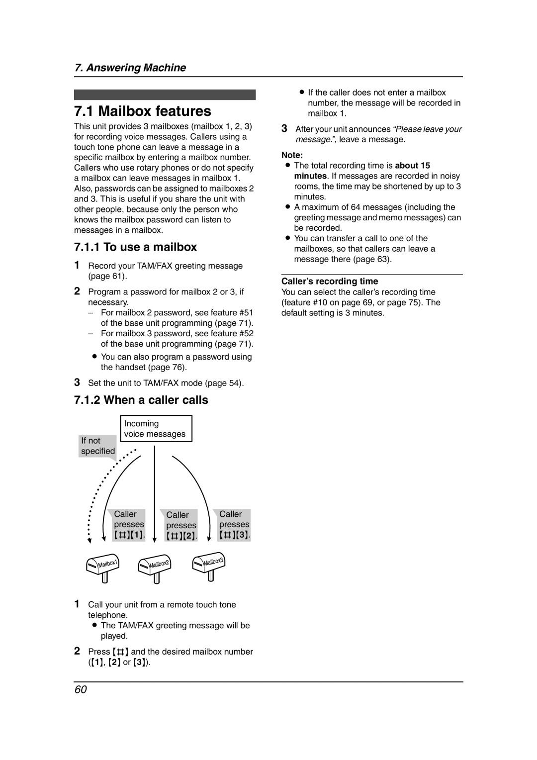 Panasonic KX-FPG381 operating instructions Mailbox features, To use a mailbox, When a caller calls, Caller’s recording time 