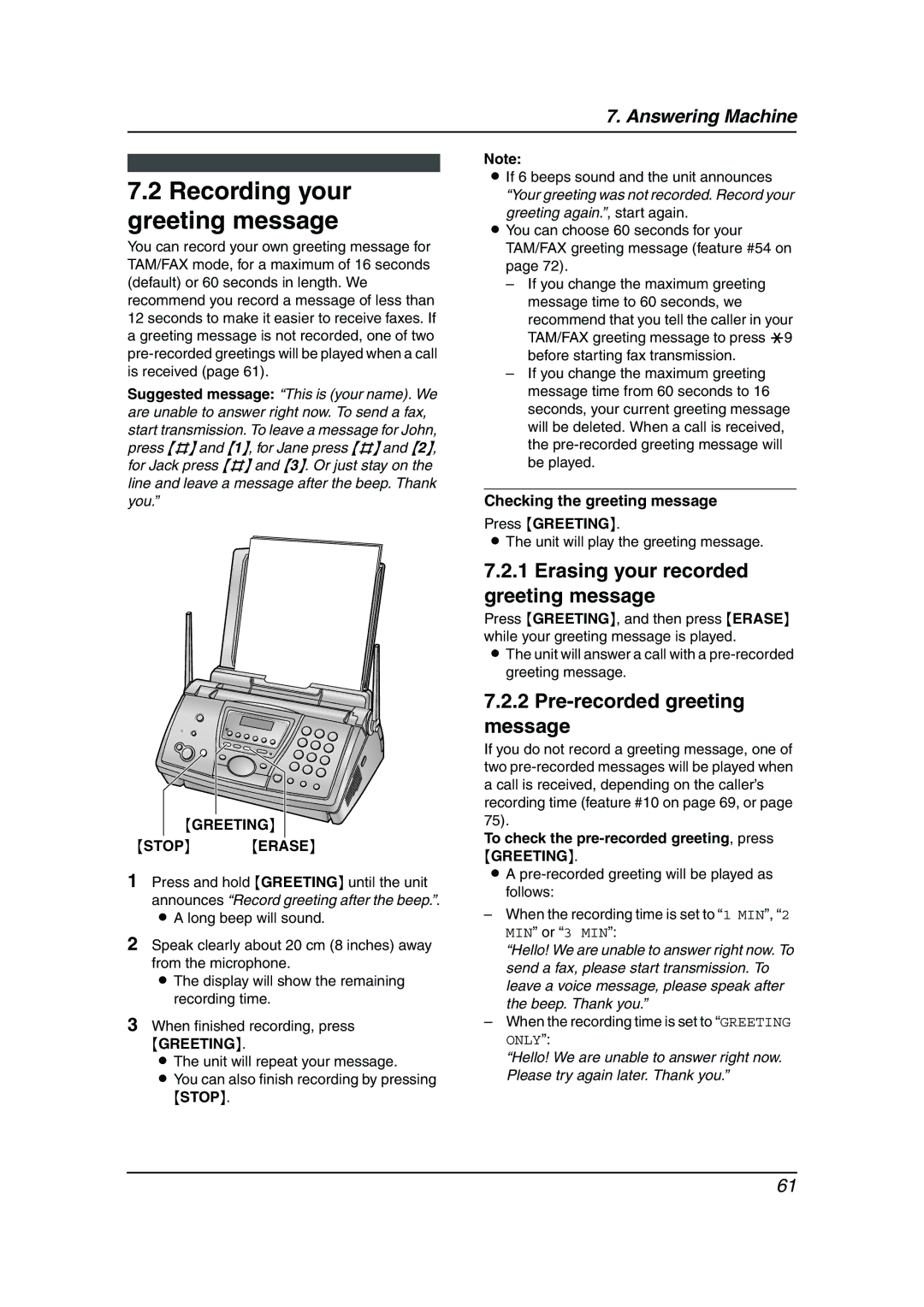 Panasonic KX-FPG381 Recording your greeting message, Erasing your recorded greeting message, Pre-recorded greeting message 