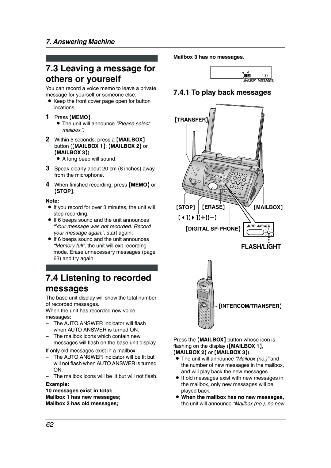 Panasonic KX-FPG381 Leaving a message for others or yourself, Listening to recorded messages, To play back messages 