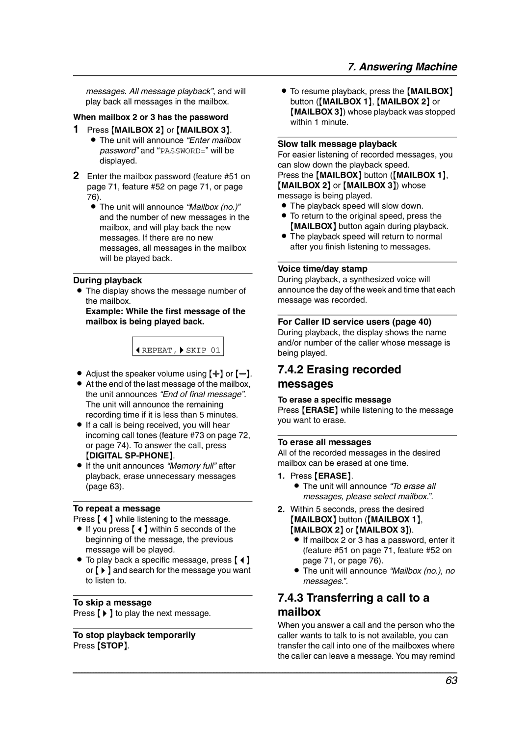 Panasonic KX-FPG381 operating instructions Erasing recorded messages, Transferring a call to a mailbox 