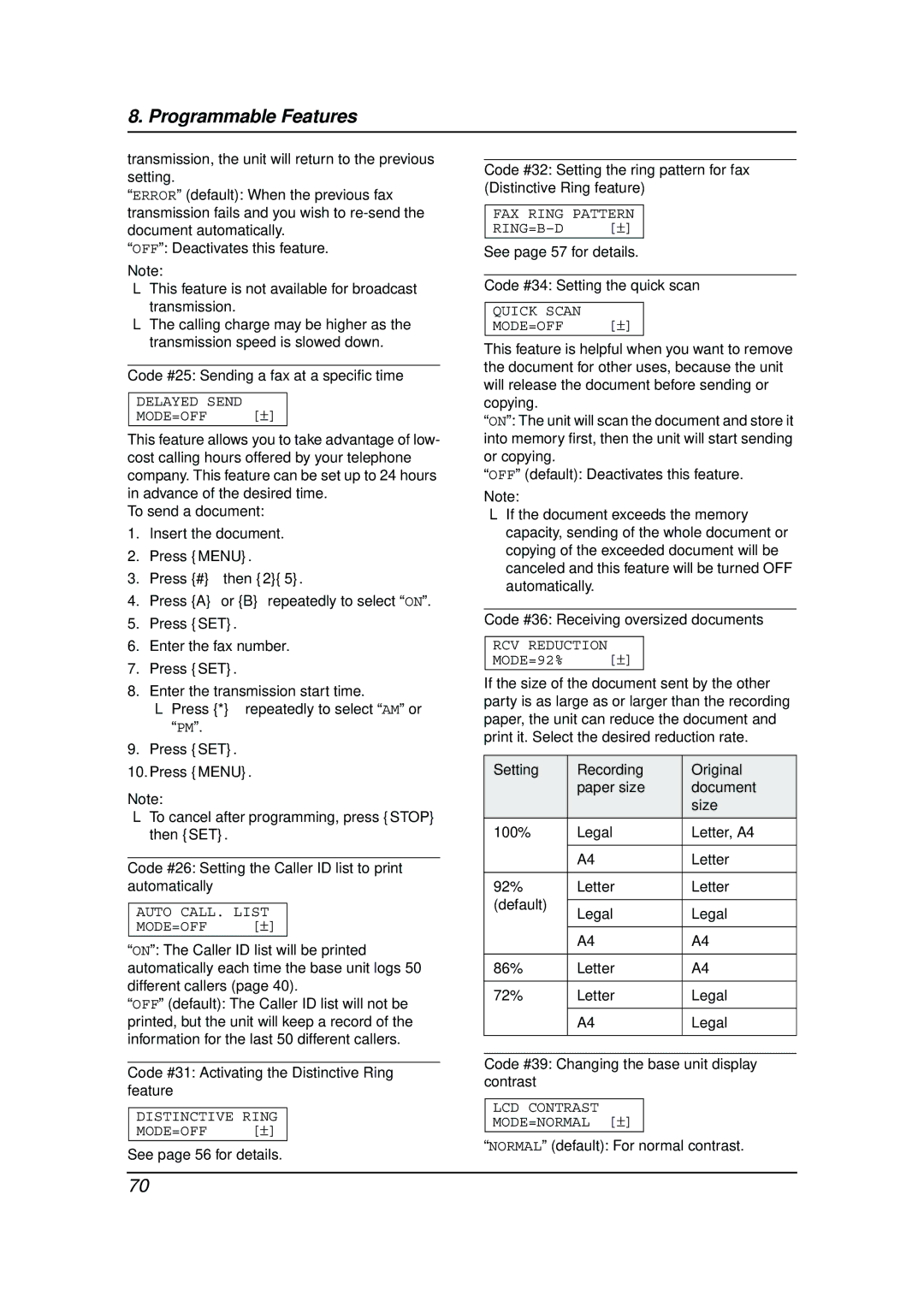 Panasonic KX-FPG381 Code #25 Sending a fax at a specific time, Code #26 Setting the Caller ID list to print automatically 