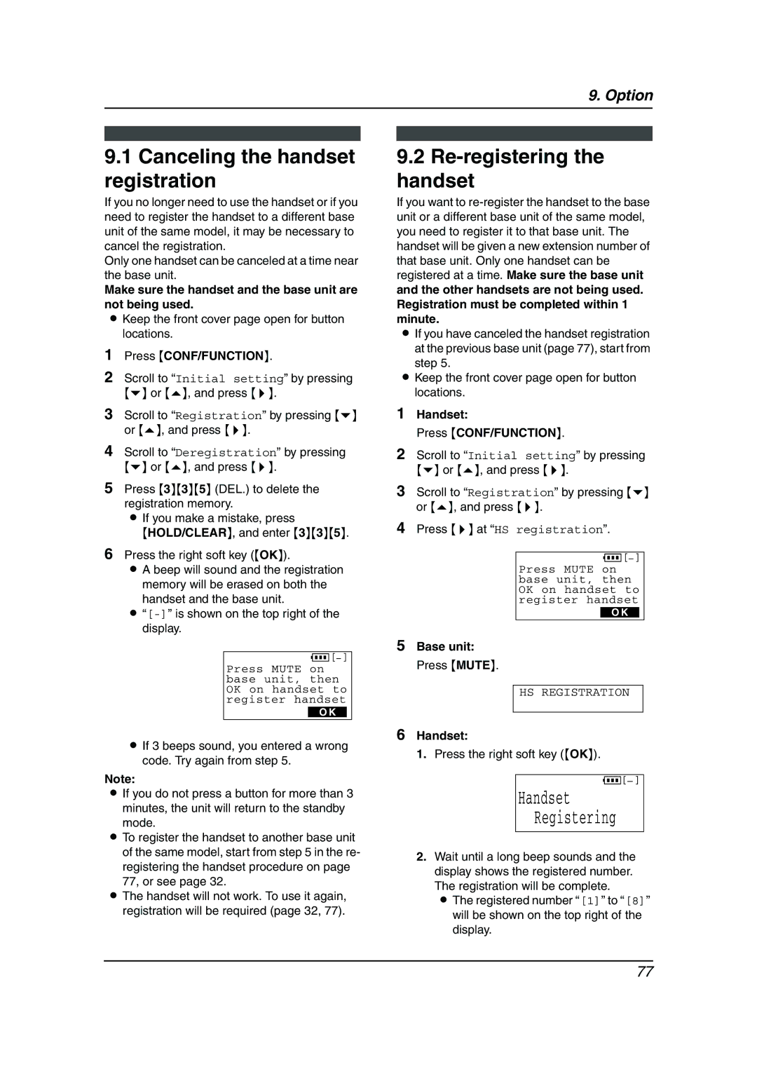 Panasonic KX-FPG381 Canceling the handset registration, Re-registering the handset, HOLD/CLEAR, and enter 