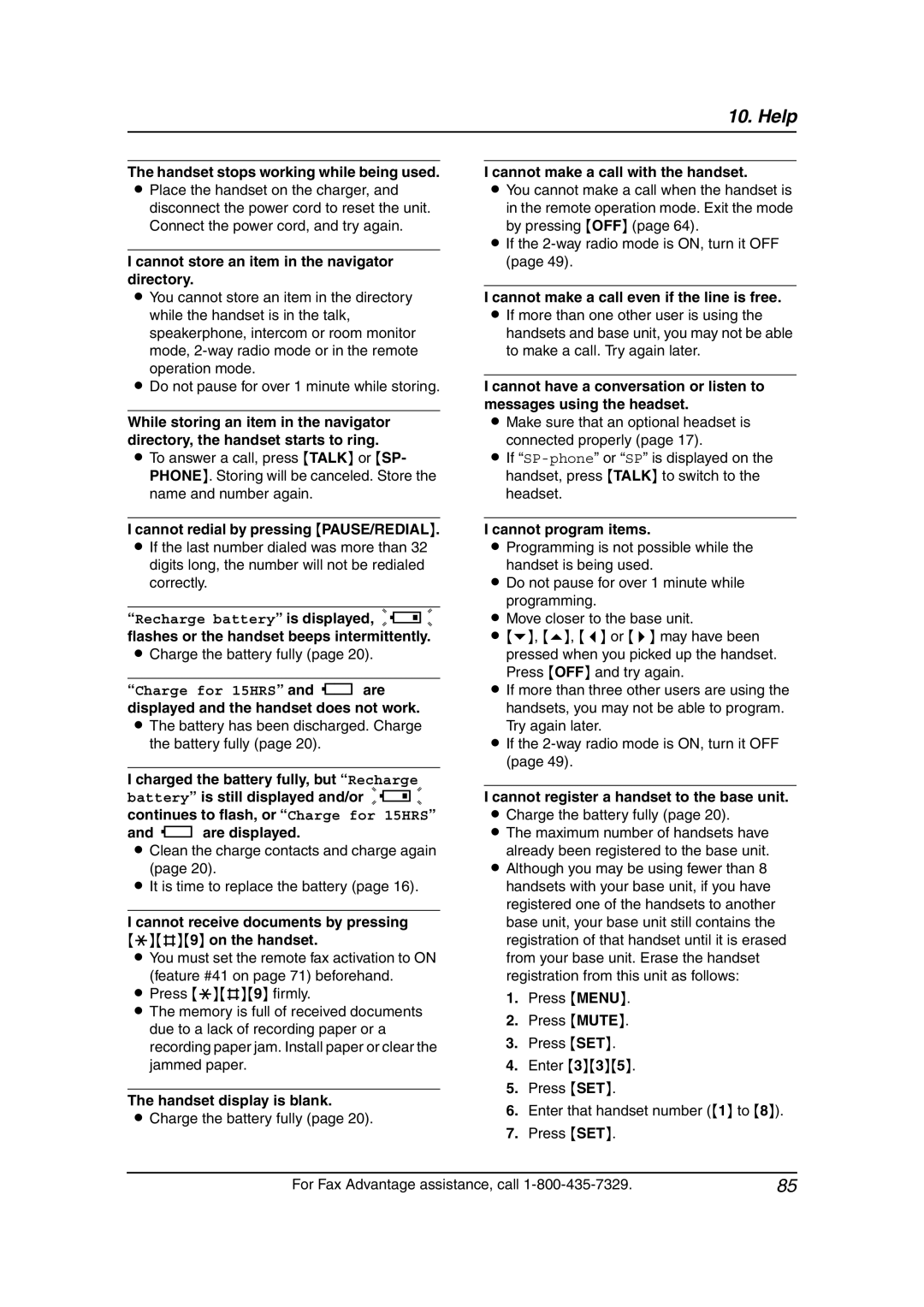 Panasonic KX-FPG381 Handset stops working while being used, Cannot store an item in the navigator directory 