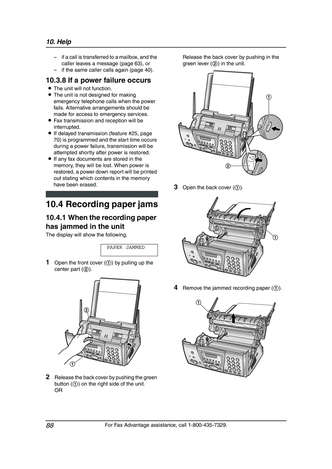 Panasonic KX-FPG381 Recording paper jams, If a power failure occurs, When the recording paper has jammed in the unit 