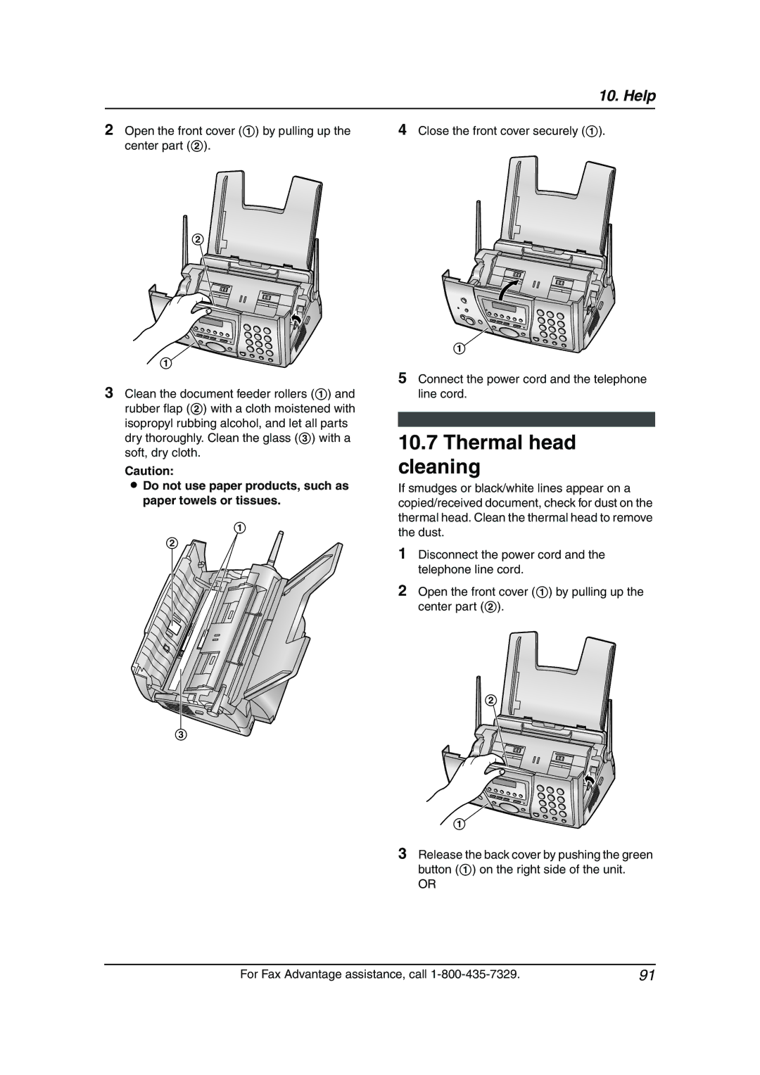 Panasonic KX-FPG381 Thermal head cleaning, Do not use paper products, such as paper towels or tissues 