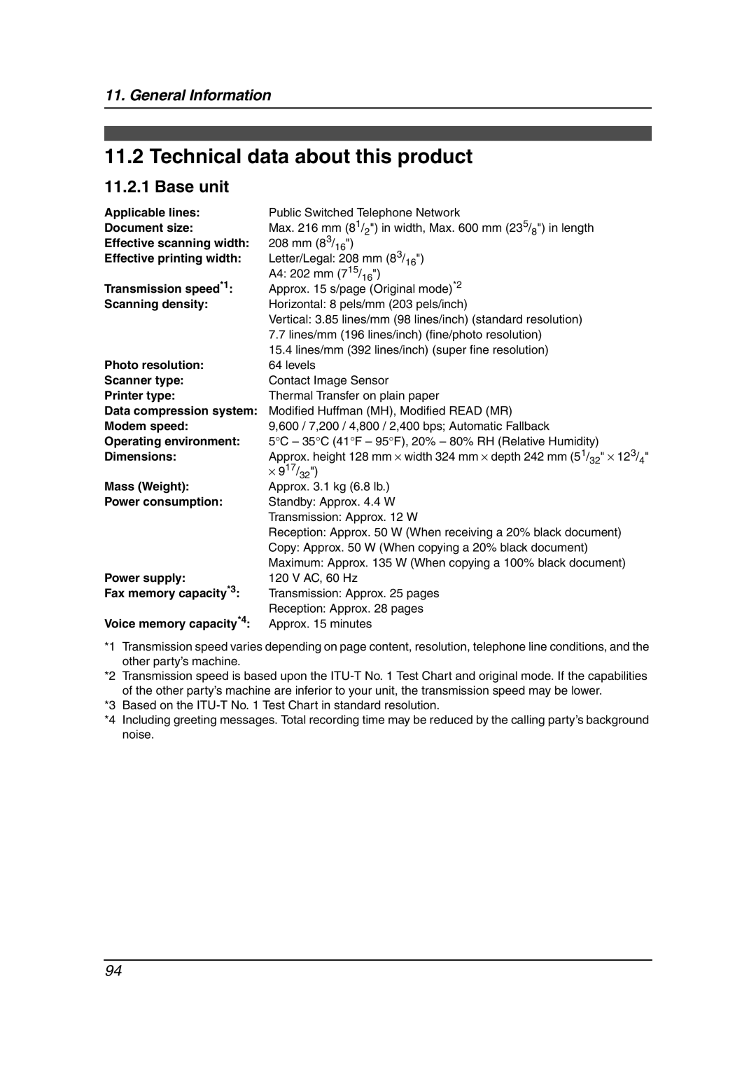 Panasonic KX-FPG381 operating instructions Technical data about this product 