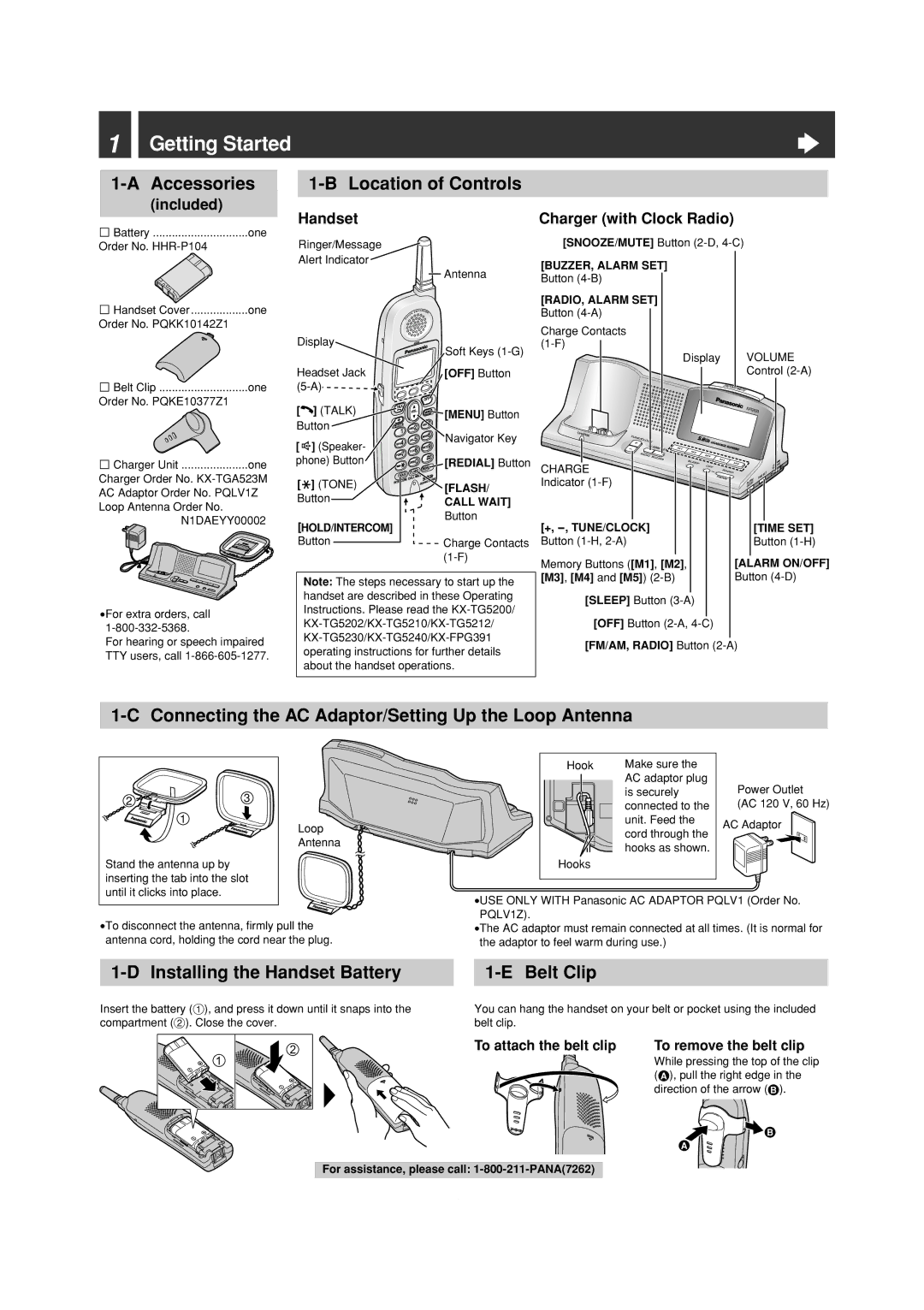 Panasonic KX-FPG391 Getting Started, Accessories, Location of Controls, Installing the Handset Battery Belt Clip 