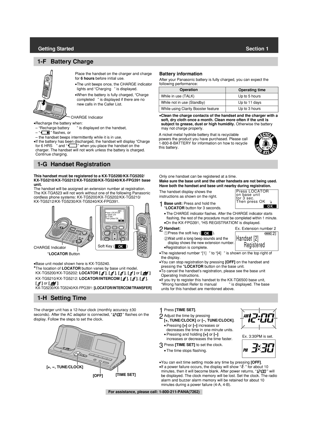 Panasonic KX-TG5202, KX-FPG391 Battery Charge, Handset Registration, Setting Time, Battery information, OFF Time SET 