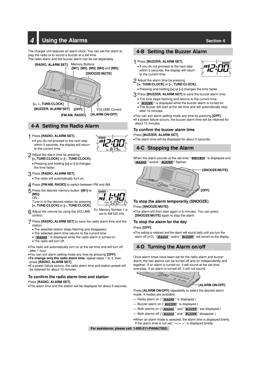 Panasonic KX-TG5202, KX-FPG391 Using the Alarms, Setting the Radio Alarm, Setting the Buzzer Alarm, Stopping the Alarm 