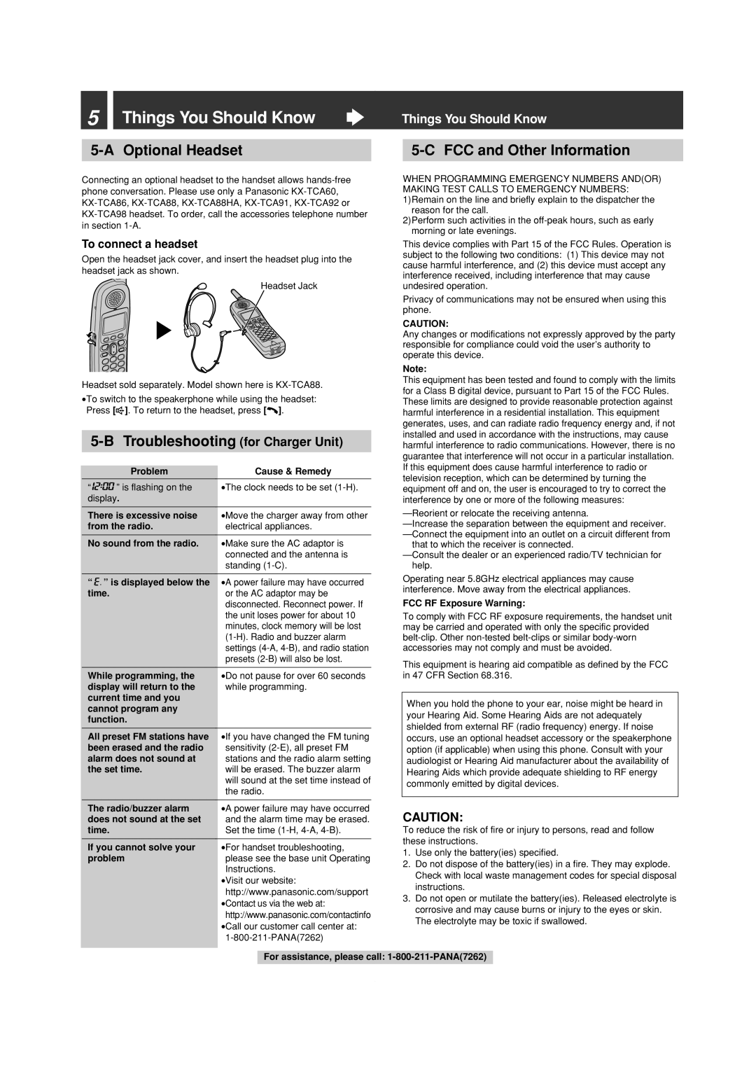 Panasonic KX-FPG391 Things You Should Know, Optional Headset, Troubleshooting for Charger Unit, FCC and Other Information 