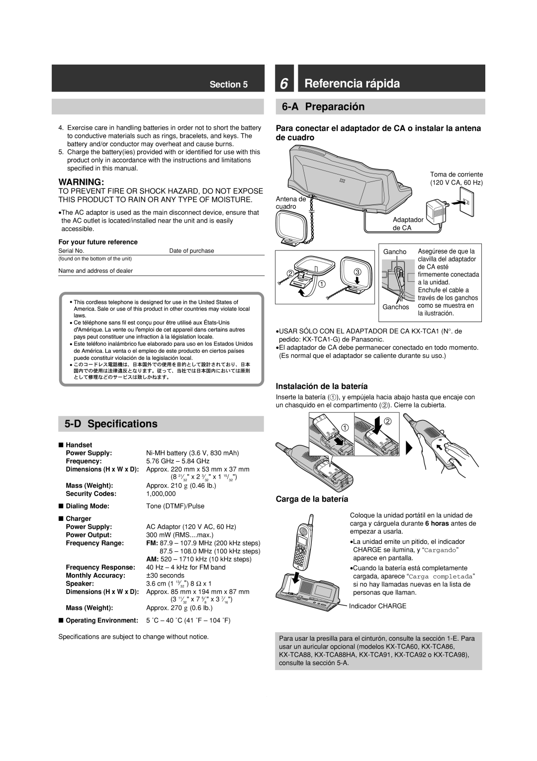 Panasonic KX-TG5202 Referencia rápida, Preparación, Specifications, Instalación de la batería, Carga de la batería 