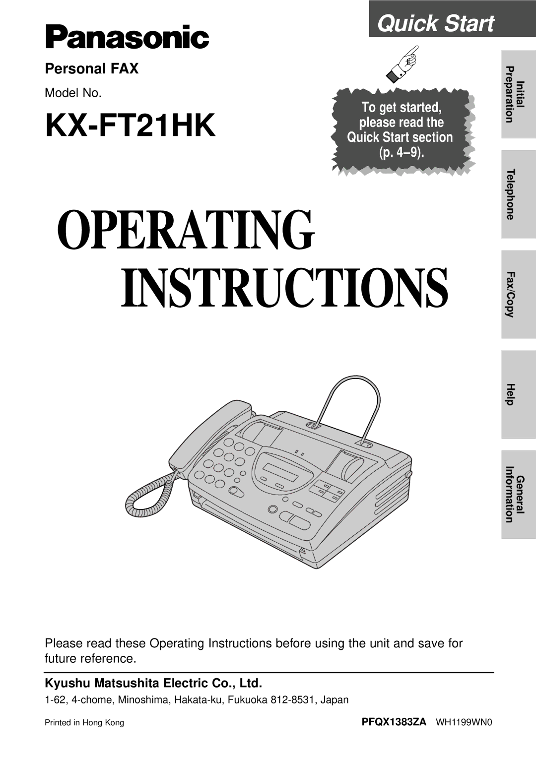 Panasonic KX-FT21HK operating instructions Operating Instructions, PFQX1383ZA WH1199WN0 