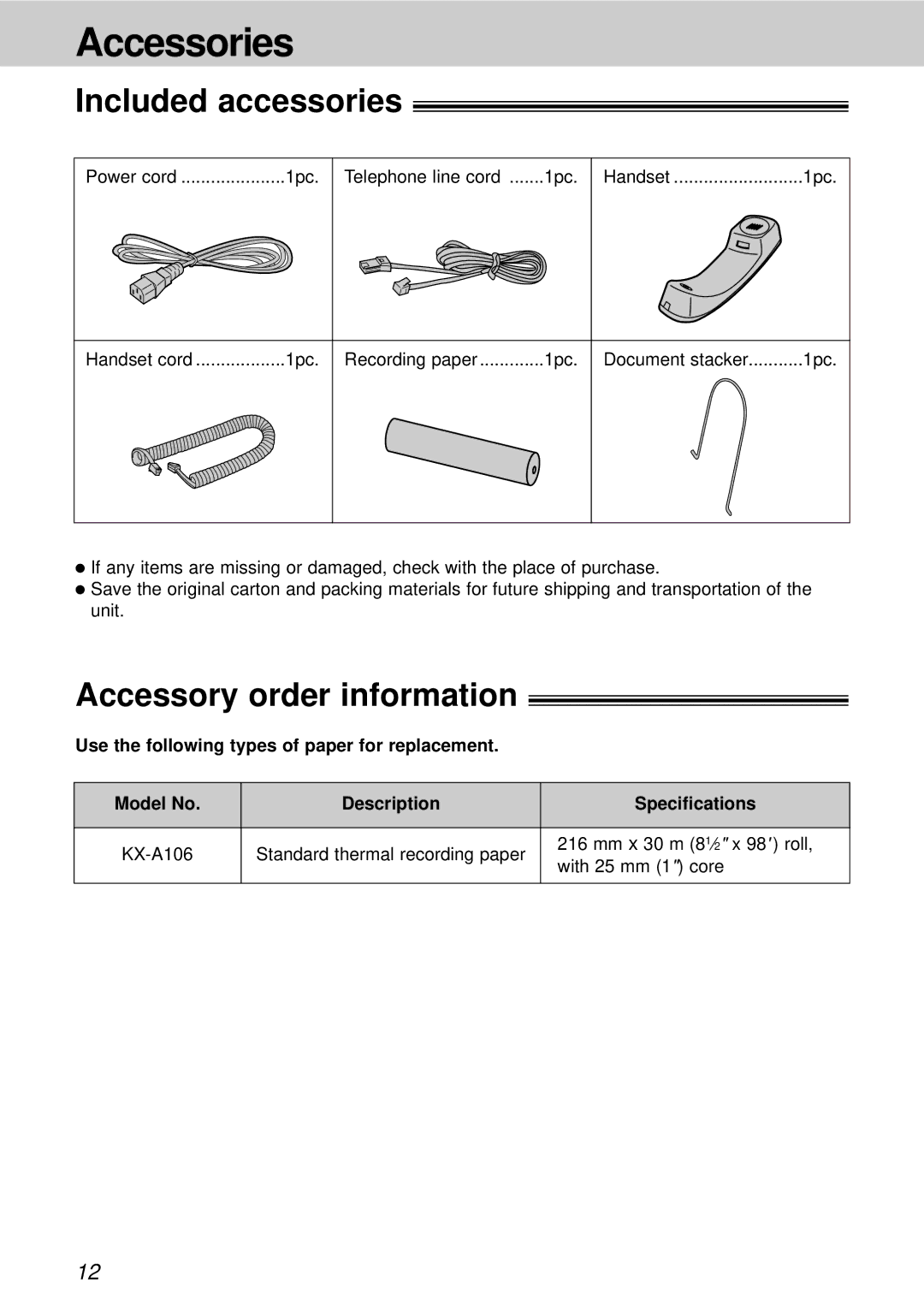 Panasonic KX-FT21HK operating instructions Accessories, Included accessories, Accessory order information 