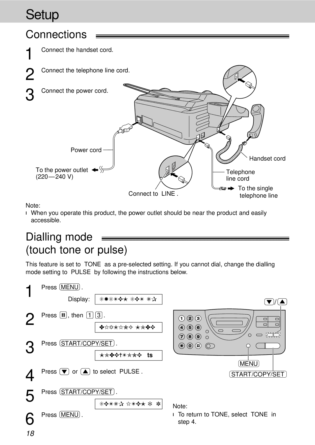 Panasonic KX-FT21HK operating instructions Dialling mode! touch tone or pulse, Menu START/COPY/SET 