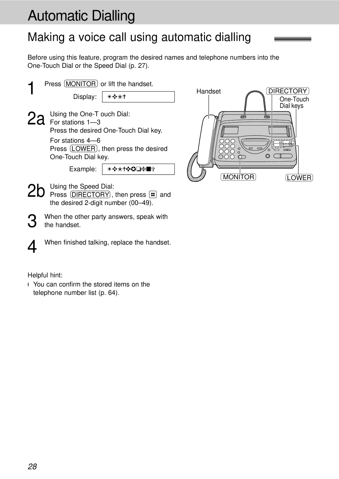 Panasonic KX-FT21HK operating instructions Making a voice call using automatic dialling, Monitorlower 