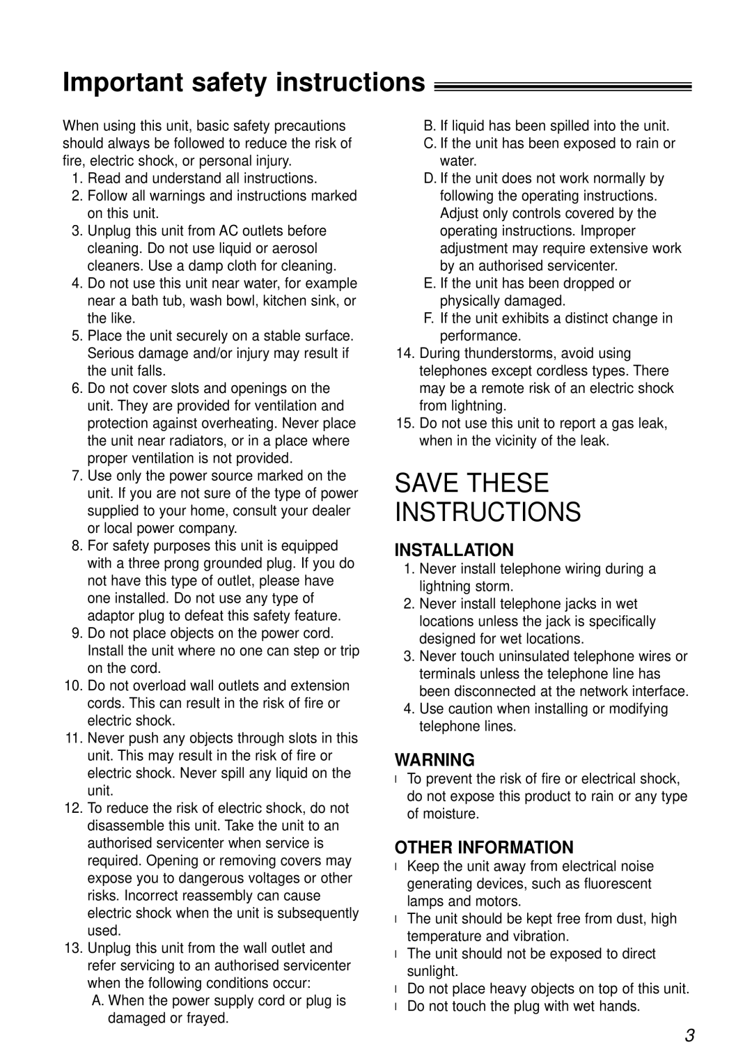 Panasonic KX-FT21HK operating instructions Important safety instructions, Save These Instructions 