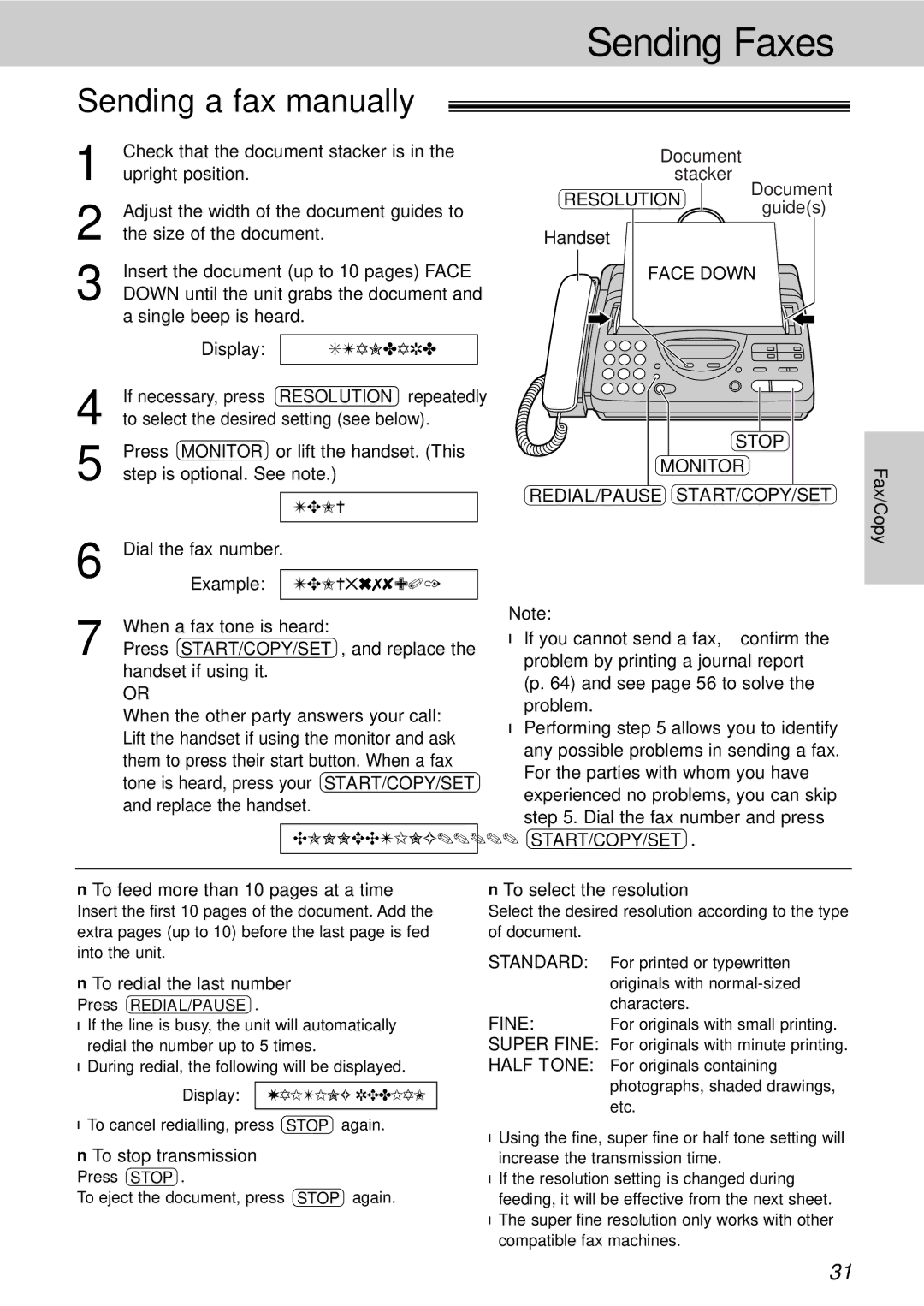 Panasonic KX-FT21HK Sending Faxes, Sending a fax manually, Resolution, Stop Monitor REDIAL/PAUSE START/COPY/SET 