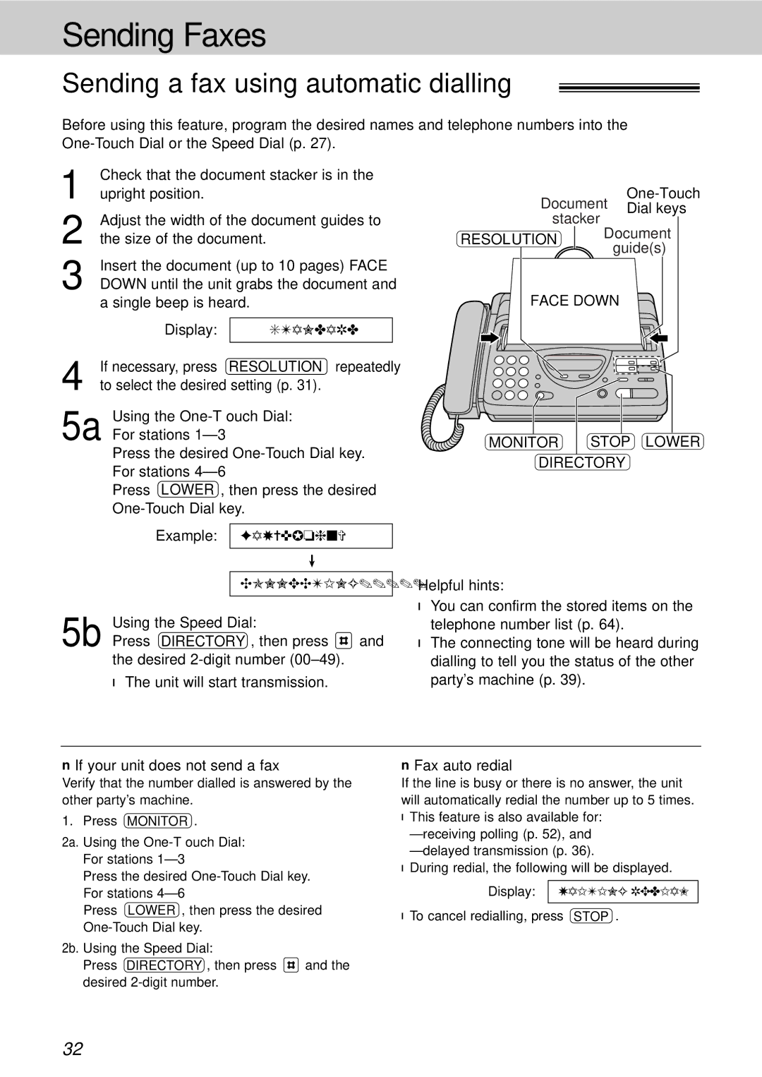 Panasonic KX-FT21HK operating instructions Sending a fax using automatic dialling, Monitor Stop Lower Directory 